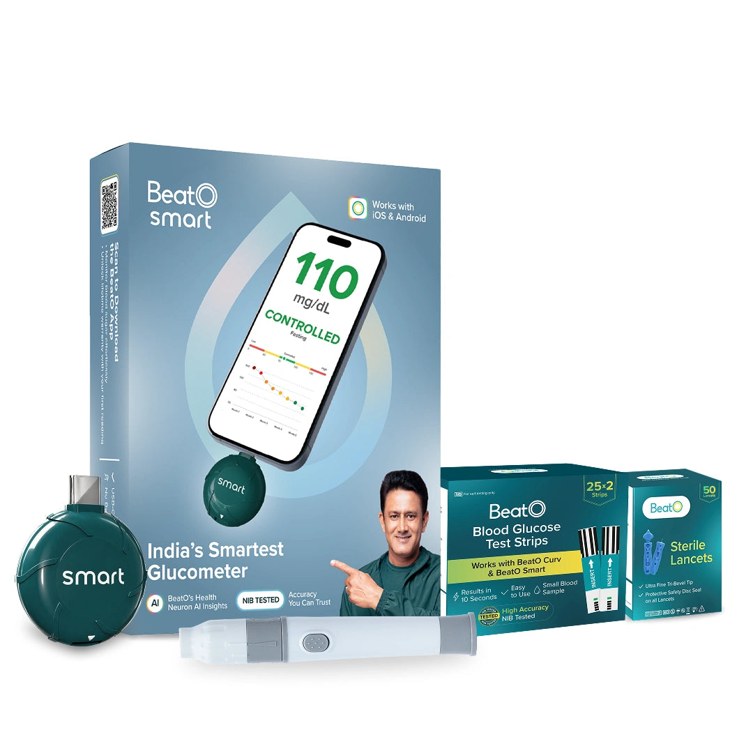 BeatO Smart AI-Powered Glucometer for iOS & Android | USB-C compatible | CDSCO Approved Lab-Grade Accuracy | ISO Certified | Auto-Sync & Health Insights