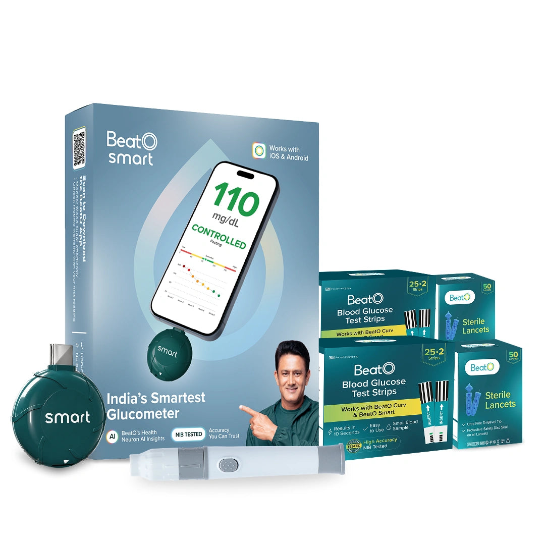 BeatO Smart AI-Powered Glucometer for iOS & Android | USB-C compatible | CDSCO Approved Lab-Grade Accuracy | ISO Certified | Auto-Sync & Health Insights