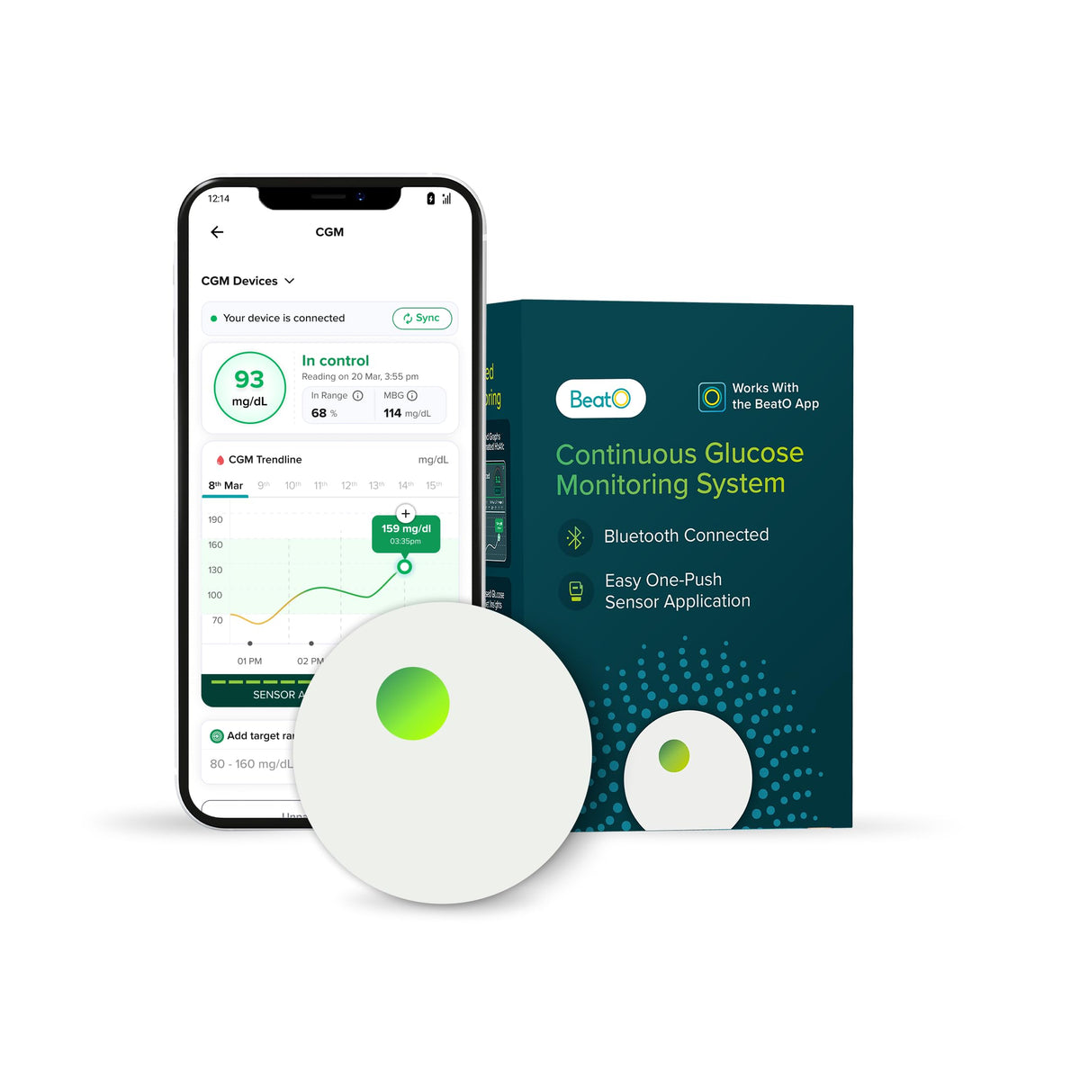 BeatO CGM Glucose Monitor for diabetes | 15-Day Glucose Tracking | Bluetooth Connected | AI Insights | No-Scan, One-Push Application