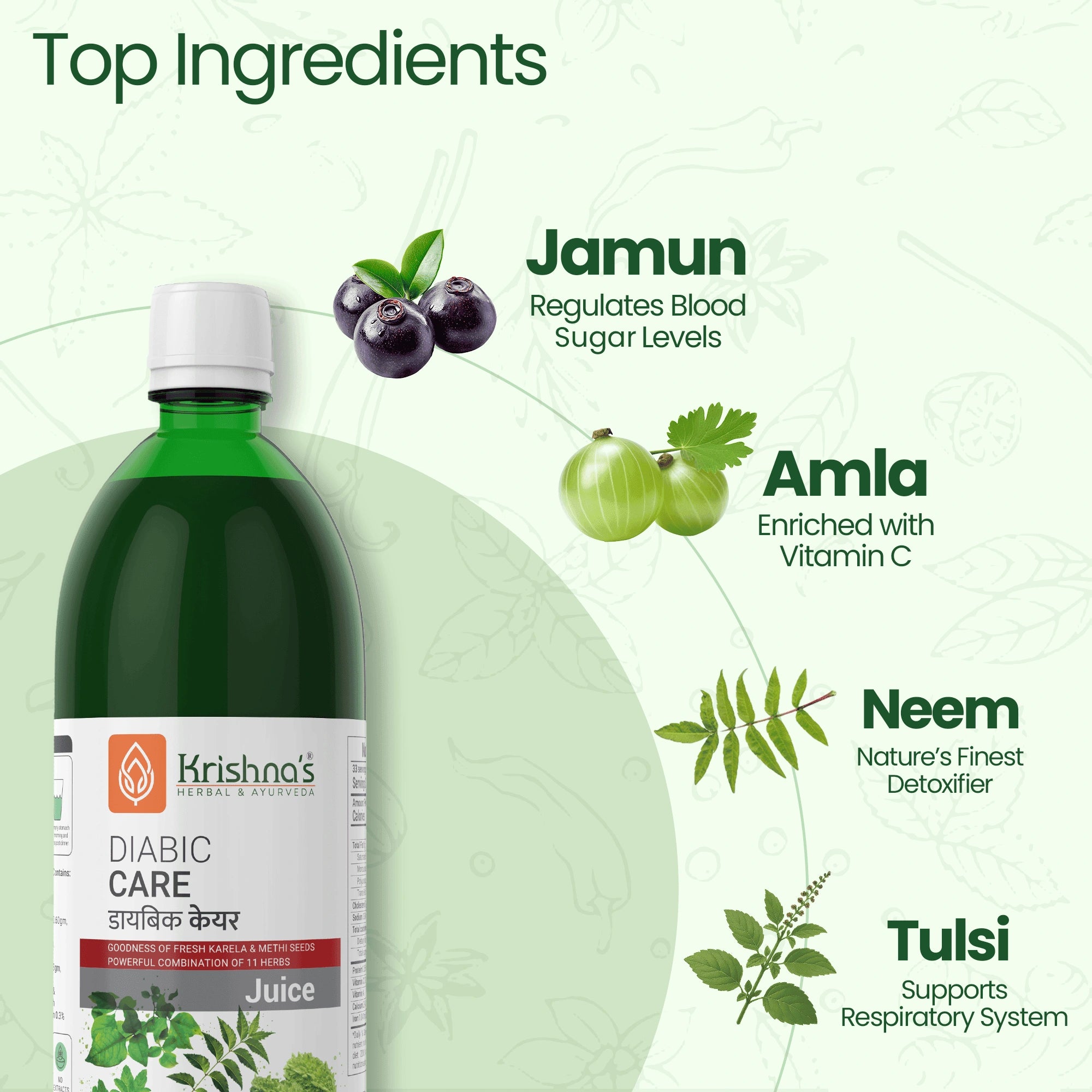 Krishna's Diabetic Care Juice bottle with ingredients listed on a green background