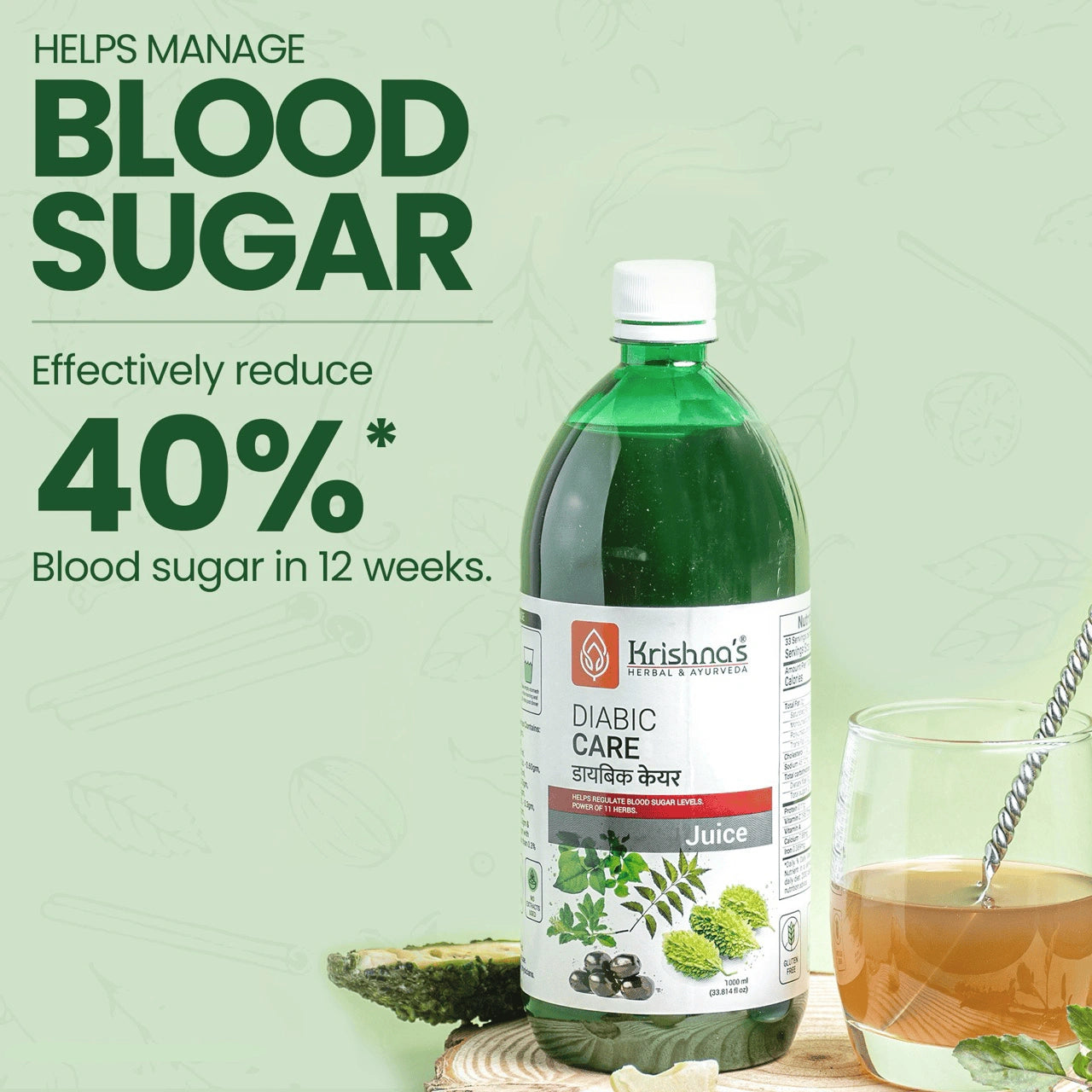 Bottle of Krishna's Diabetic Care Juice with a glass of juice on a light green background