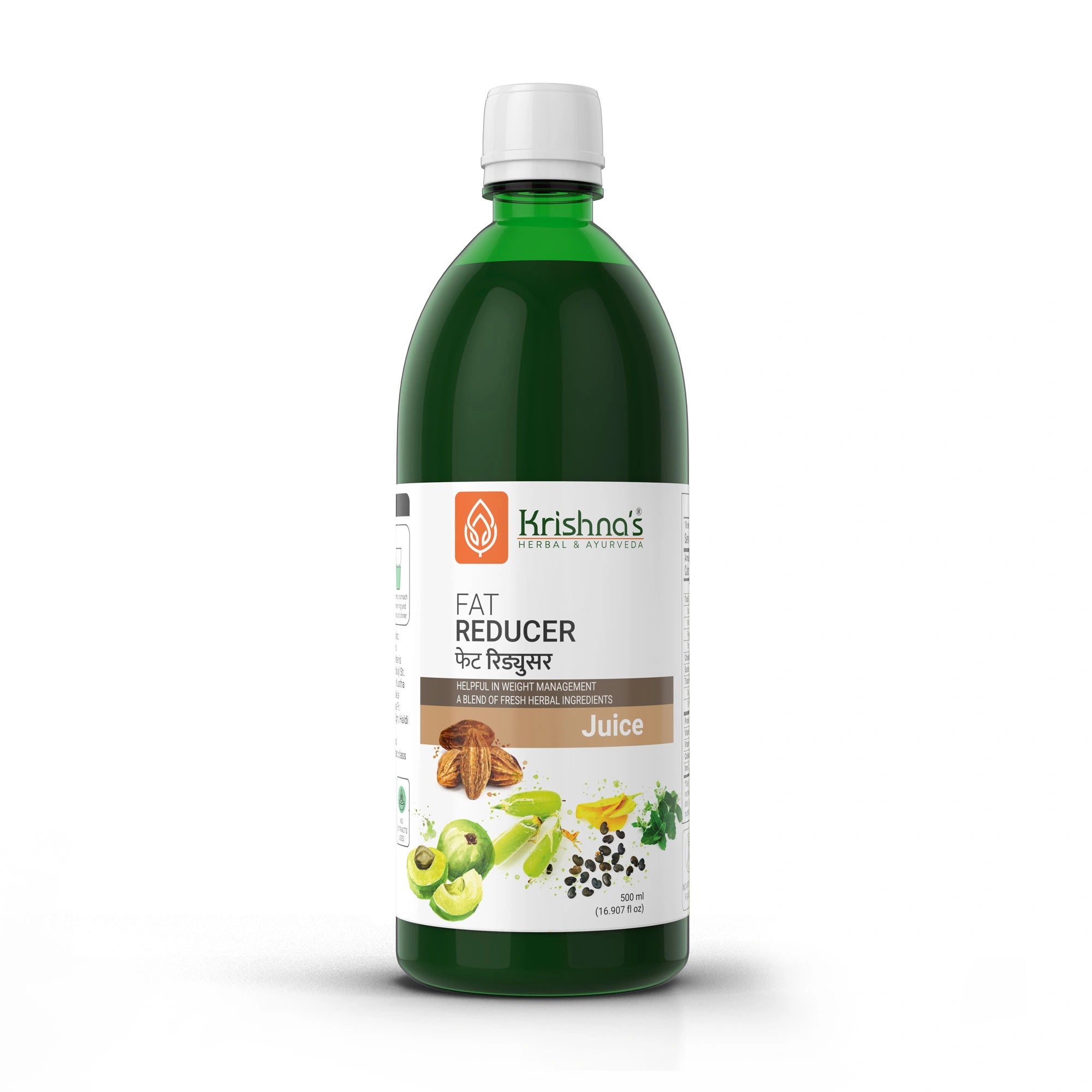 Green bottle of Krishna's Fat Reducer Juice on a white background