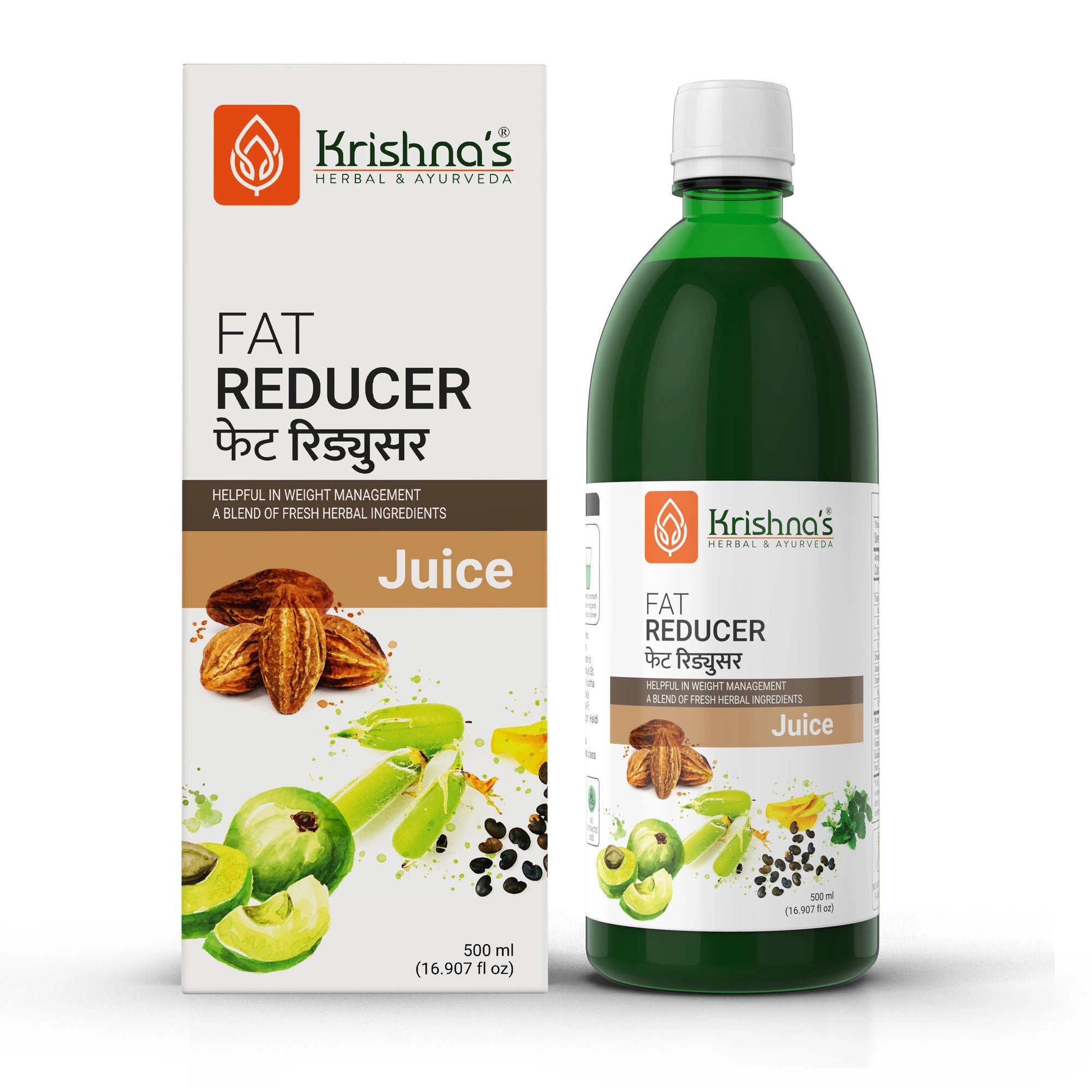 Krishna's Fat Reducer Juice packaging and bottle on a white background