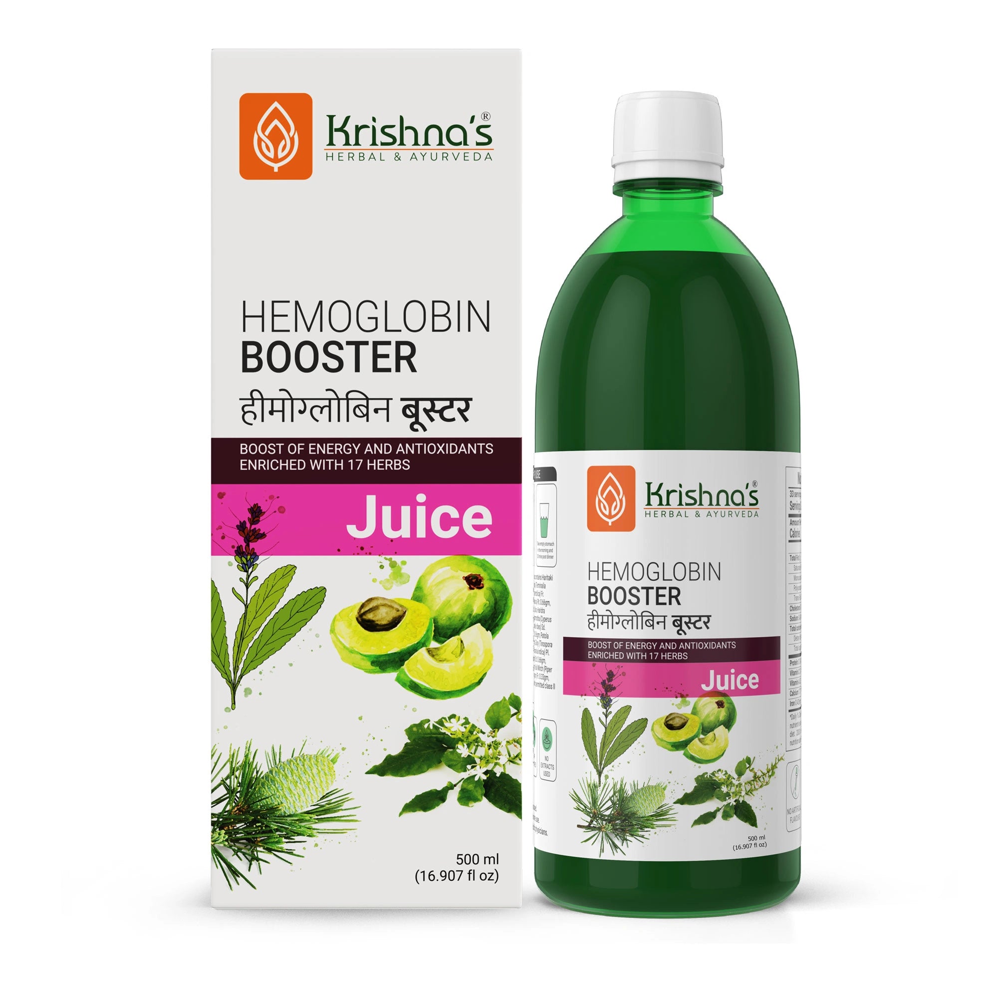 Krishna's Hemoglobin Booster Juice packaging and bottle on a white background