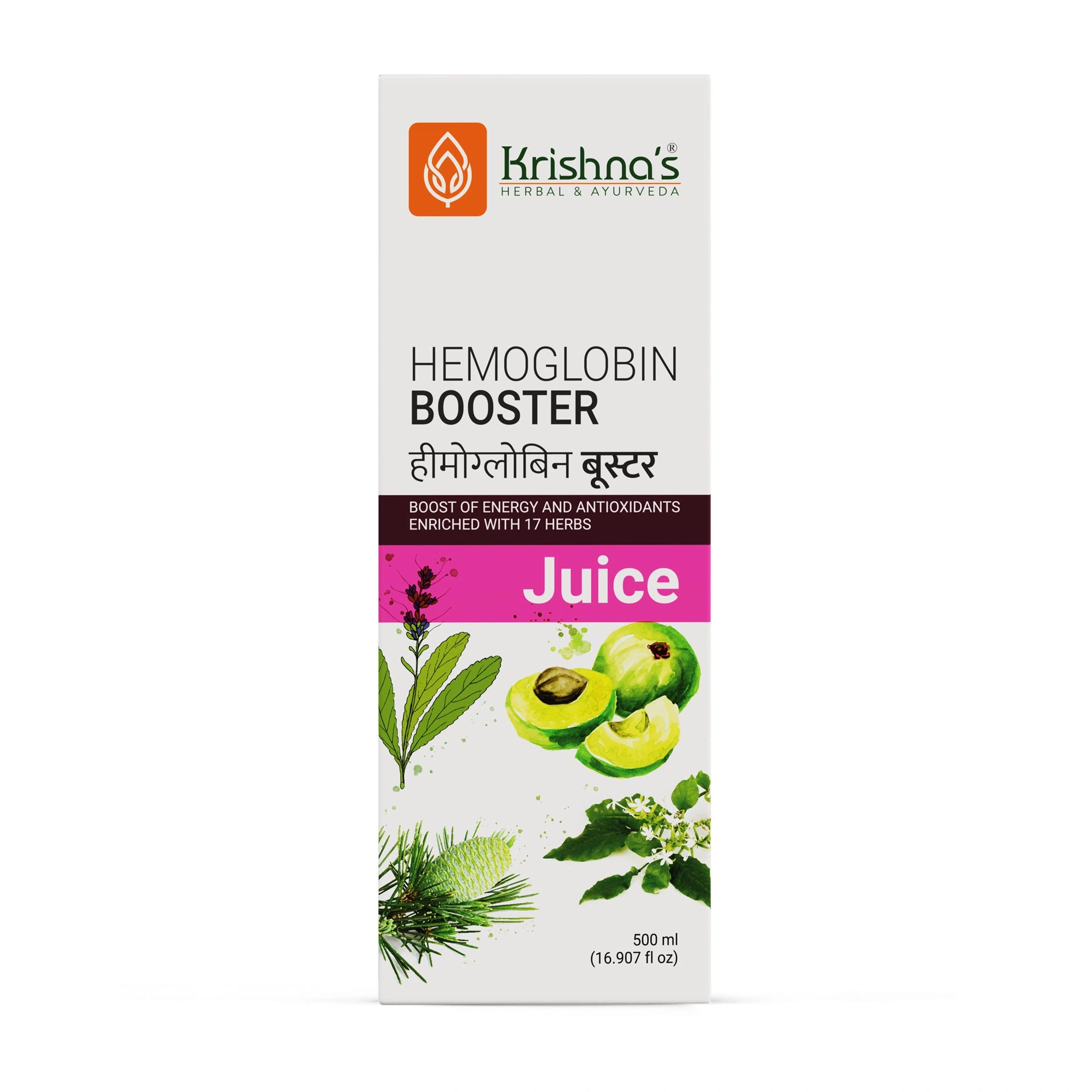 Krishna's Hemoglobin Booster Juice packaging on a white background