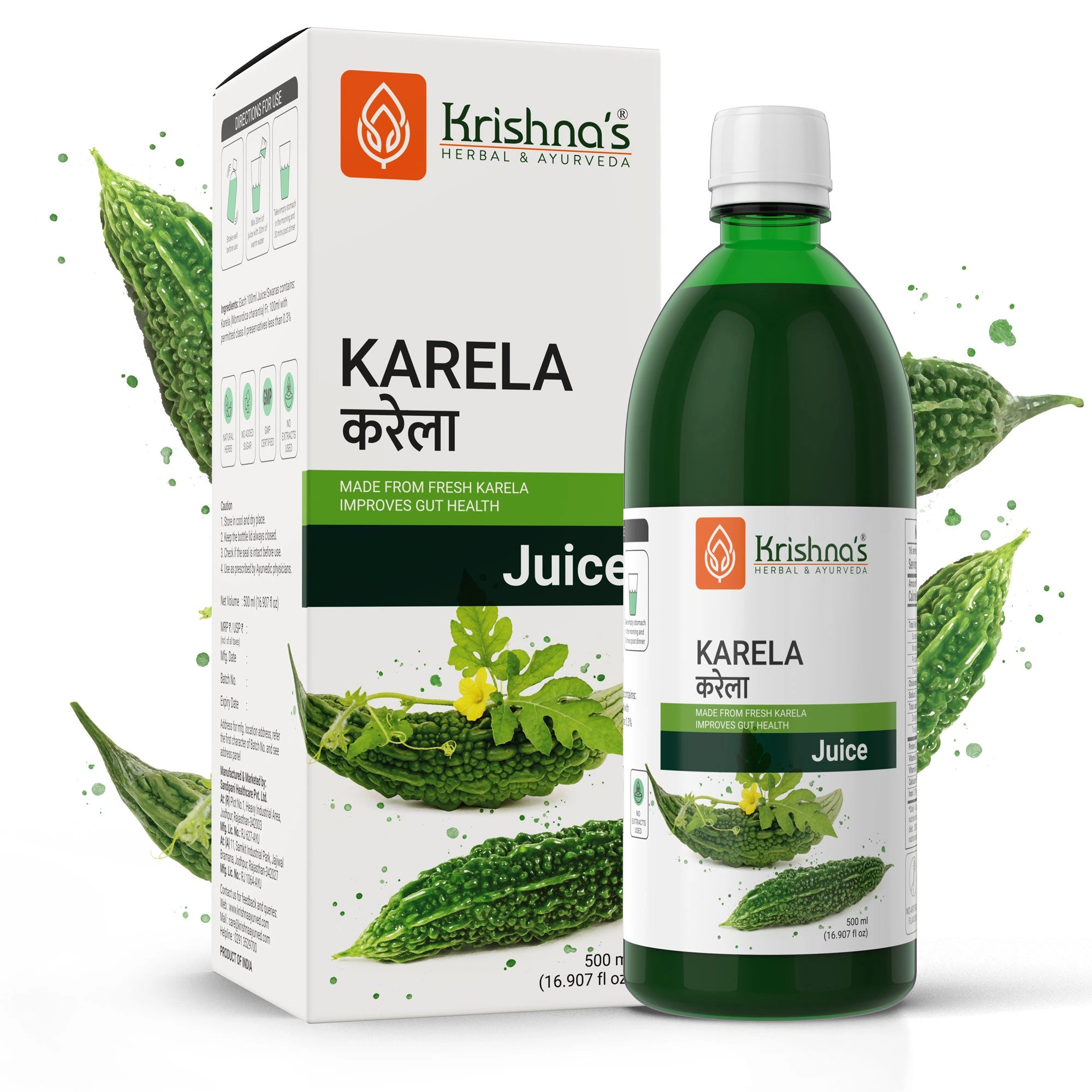 Krishna's Karela Juice packaging with bottle and box on a white background