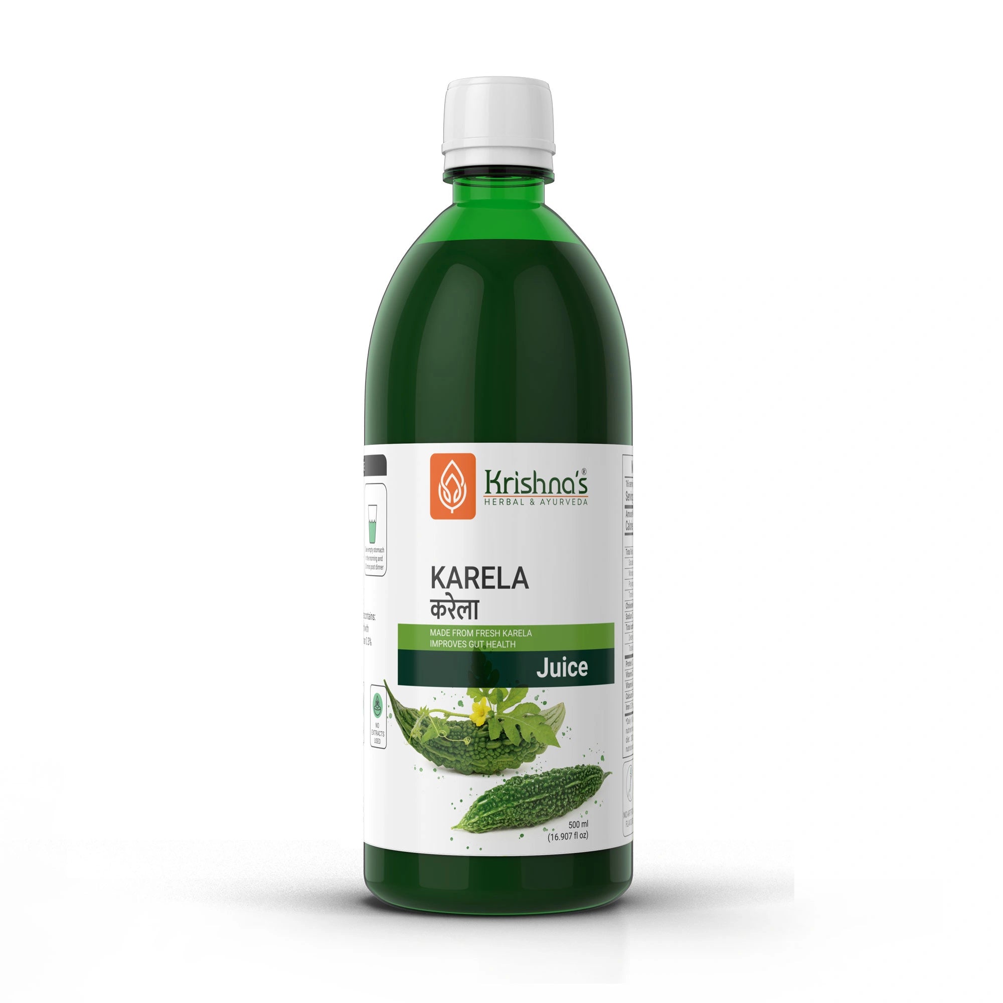 Bottle of Krishna's Karela Juice on a white background