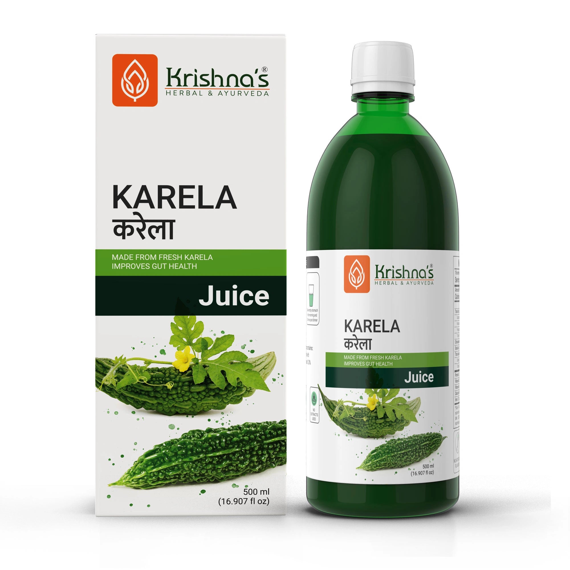 Krishna's Karela Juice packaging and bottle on a white background