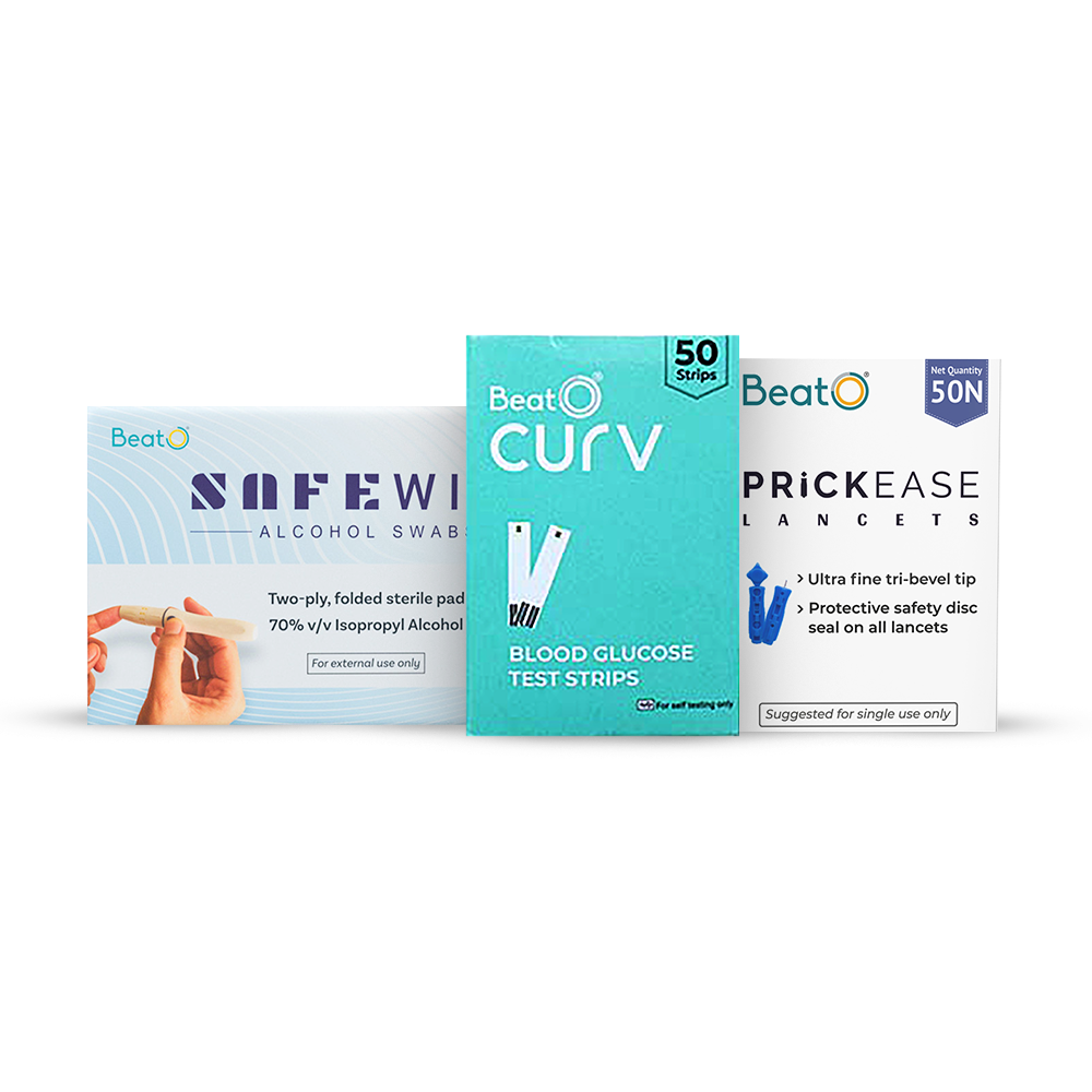 BeatO CURV Blood Glucose Test Strips & Lancets with SafeWipe alcohol Swabs Combo Pack