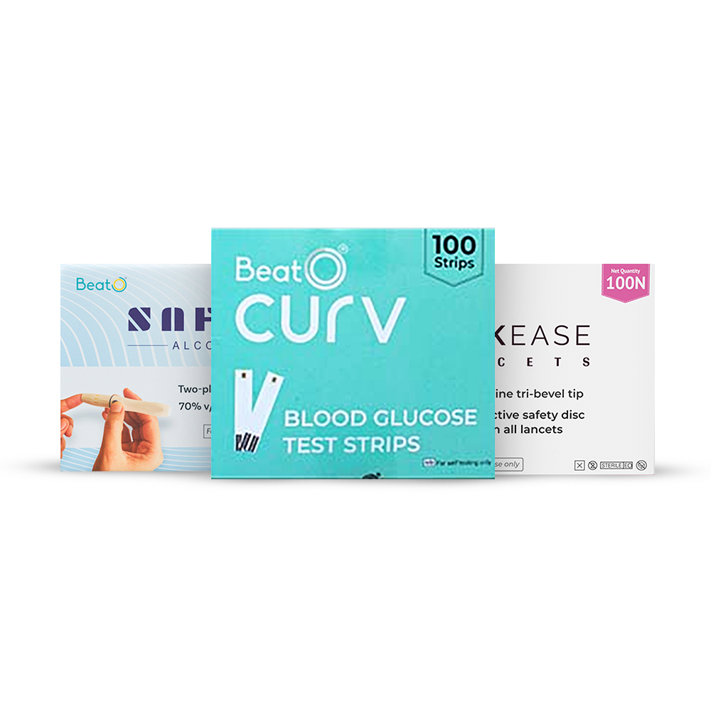 BeatO CURV Blood Glucose Test Strips & Lancets with SafeWipe alcohol Swabs Combo Pack