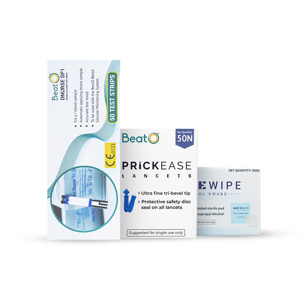 BeatO Dnurse SP1 Blood Glucose 100 Test Strips Safety Lancets & SafeWipe alcohol swabs SMART Compatible