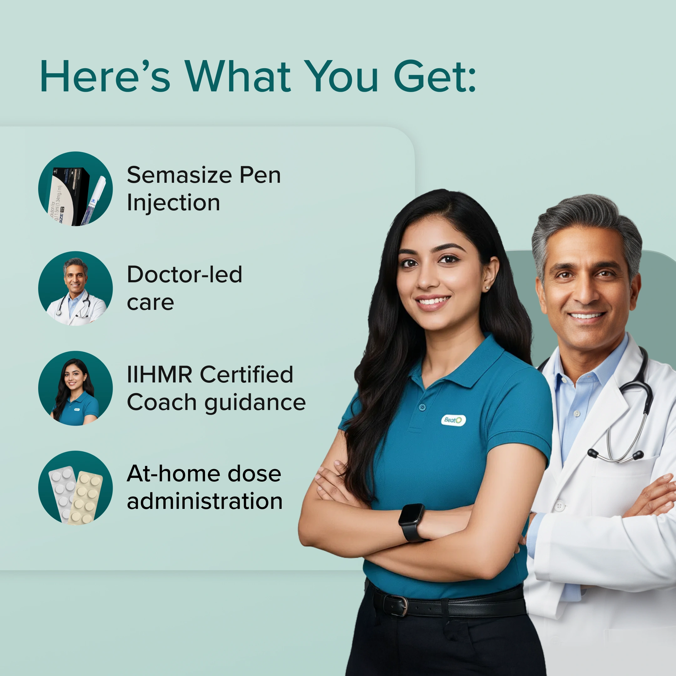 Two professionals, a doctor and a coach, standing together with text listing services on a light blue background.