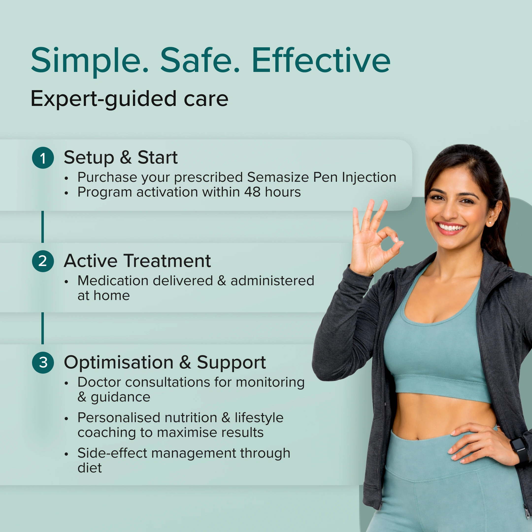 Woman in athletic wear with text on expert-guided care for a prescribed medication, set against a light green background.