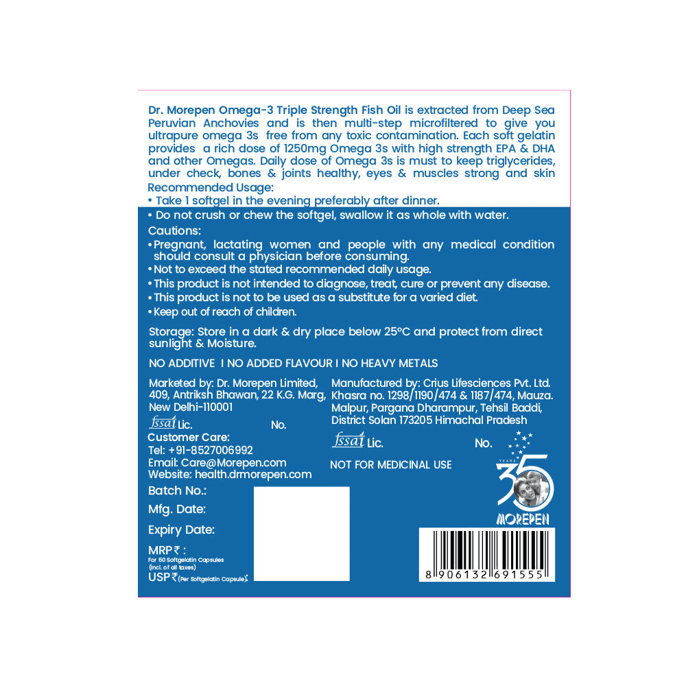 Dr. Morepen Omega 3 Deep Sea Fish Oil Triple Strength | 1250mg with 900mg DHA & EPA | |High Potency Fish Oil | Maintains Heart and Brain Health, Strengthens Bones & Joints | 60 Softgels