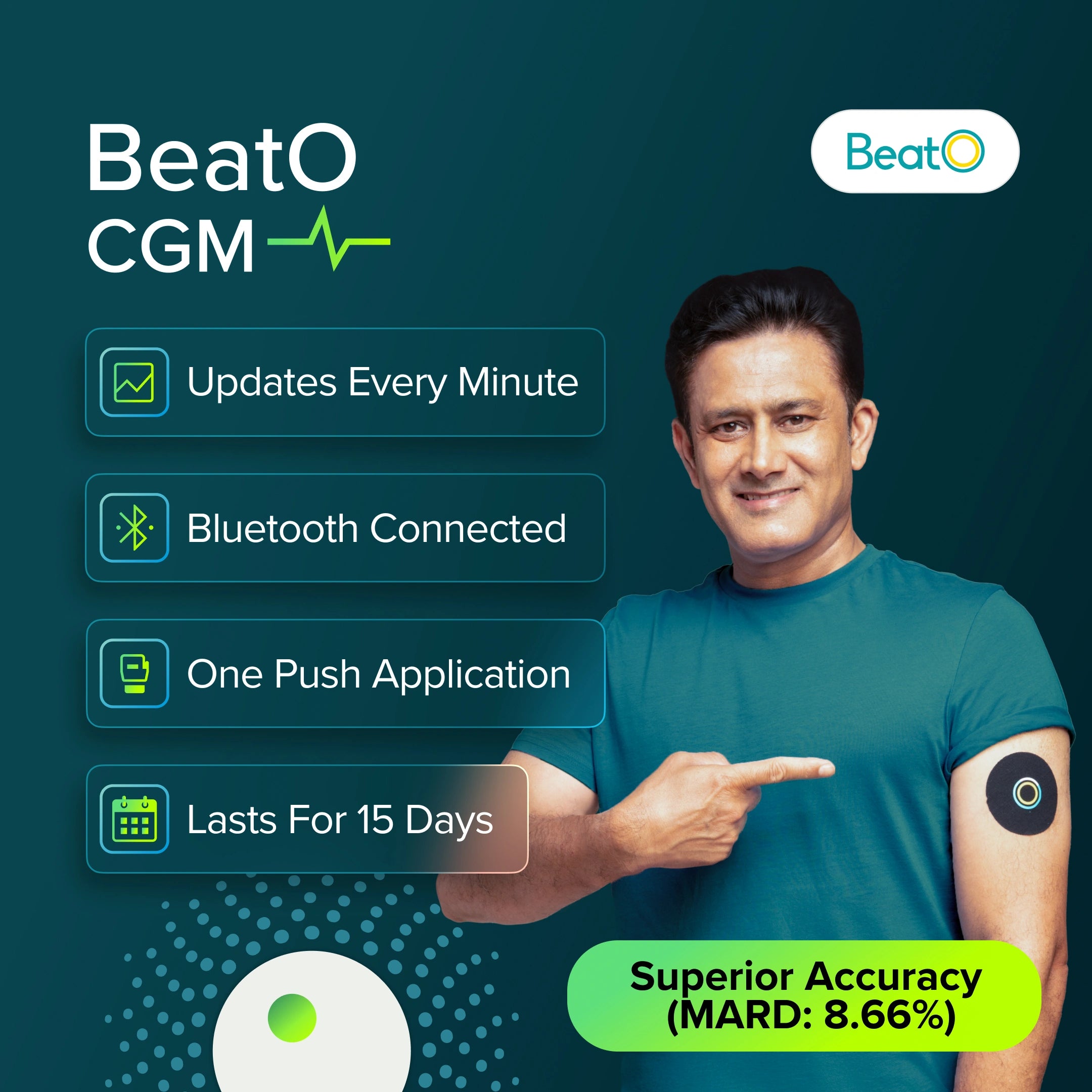 Person pointing to a device on their arm with BeatO CGM features displayed on a dark background