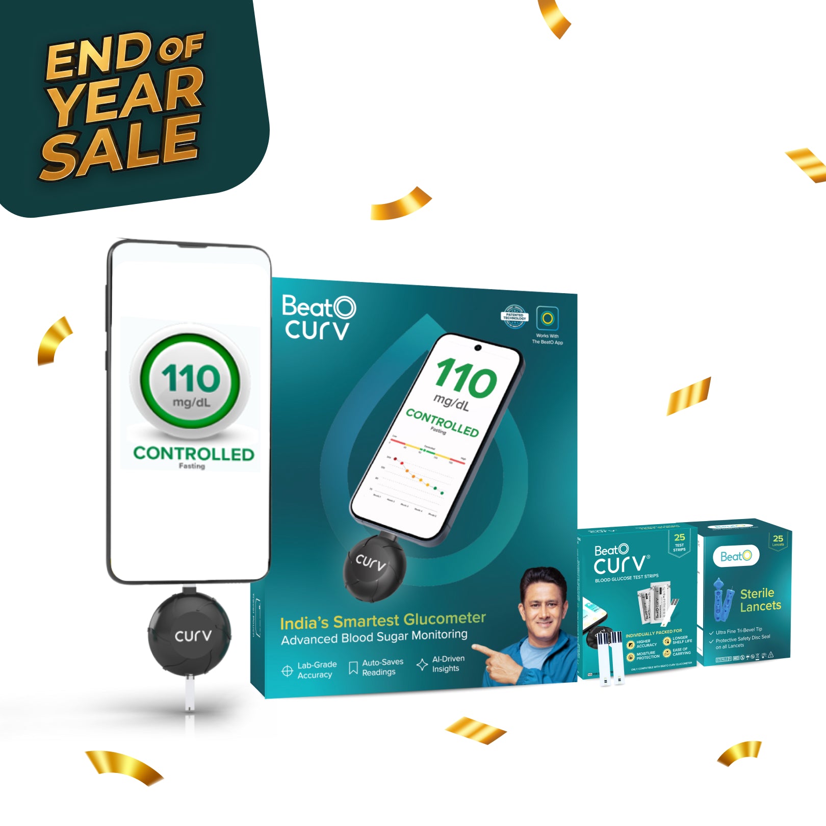 BeatO CURV Glucometer FREE Strips & Lancets Type-C USB Connector | Android Only