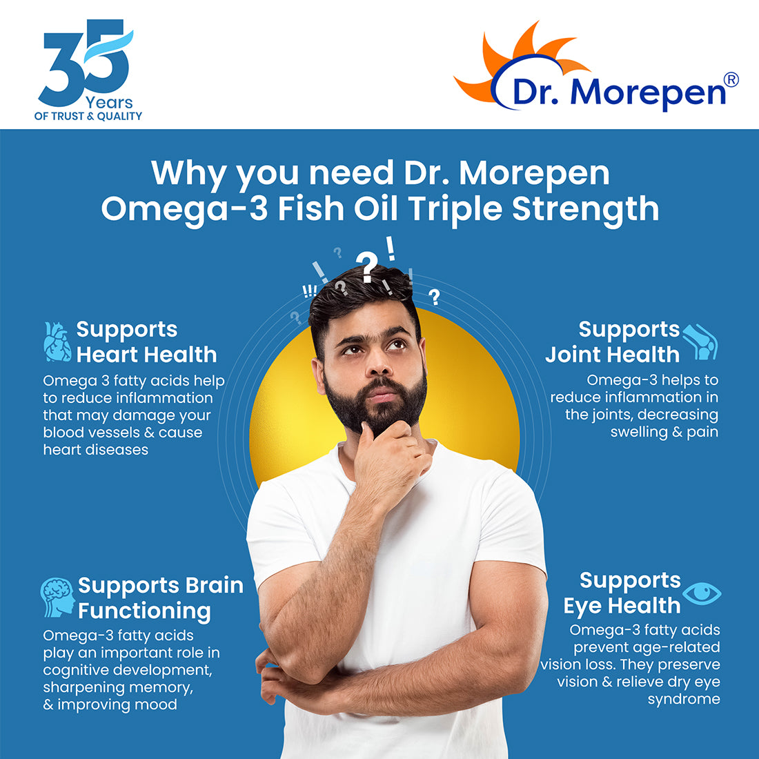 Dr. Morepen Omega 3 Deep Sea Fish Oil Triple Strength | 1250mg with 900mg DHA & EPA | |High Potency Fish Oil | Maintains Heart and Brain Health, Strengthens Bones & Joints | 60 Softgels
