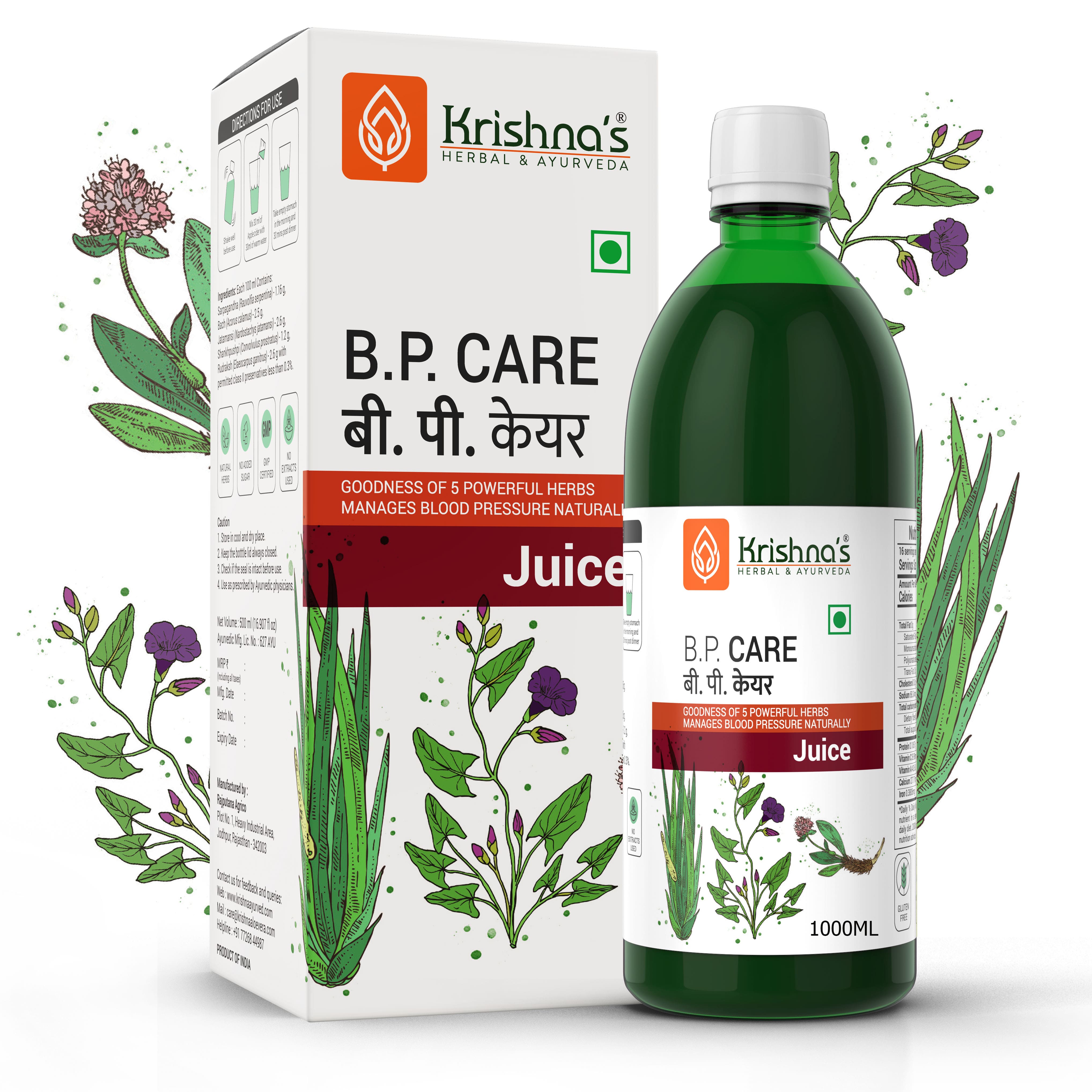 Krishna's BP Care Juice -1000 ml | Ayurvedic way to manage BP & Cholesterol Level with Sarpgandha, Shankhpishi & 4 natural herbs