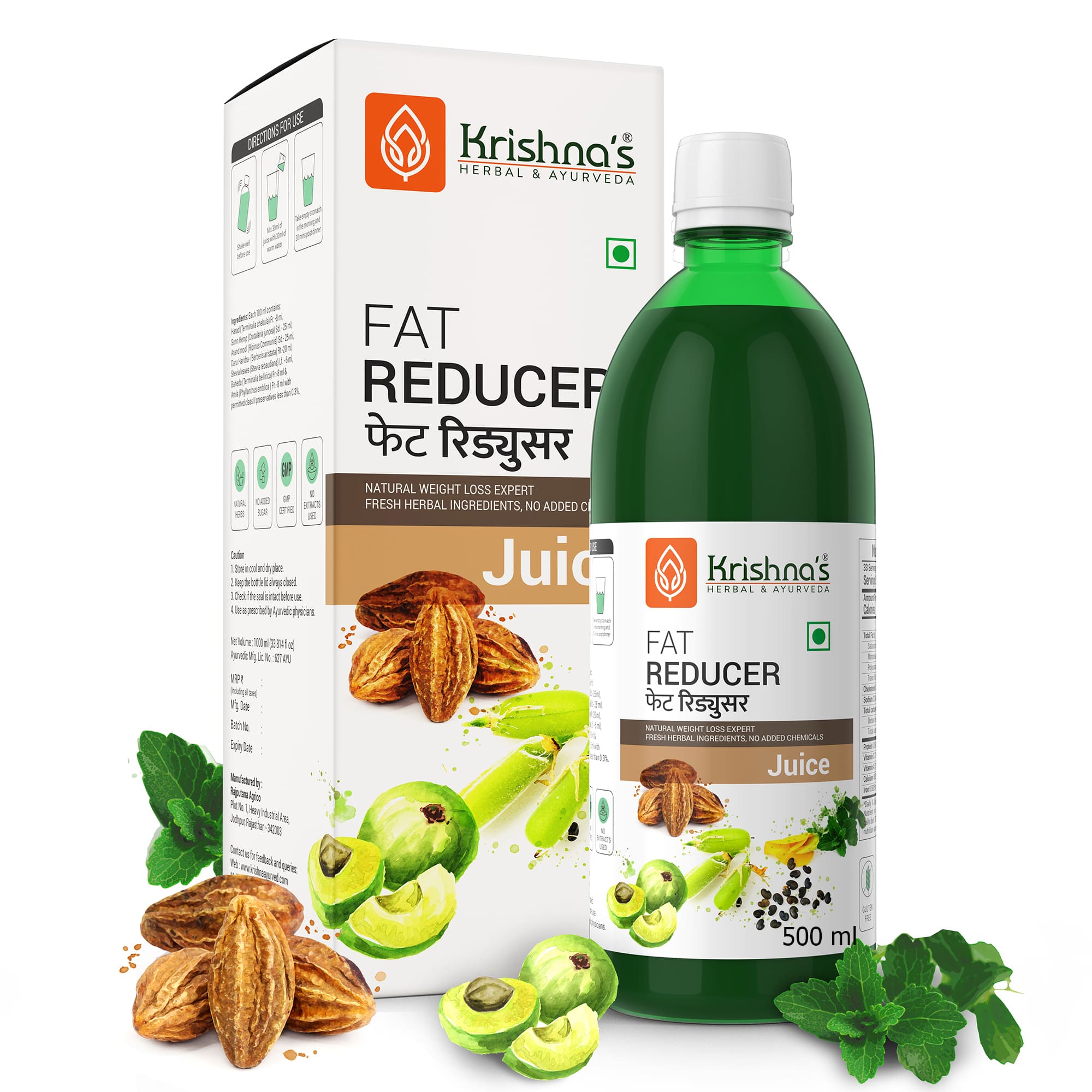 Krishna's Fat Reducer Juice - 500 ml | 7 powerful herbs for Weight Management | Amla, Harad, Daru Haridra, Sunn Hemp | Aids Metabolism and Digestion