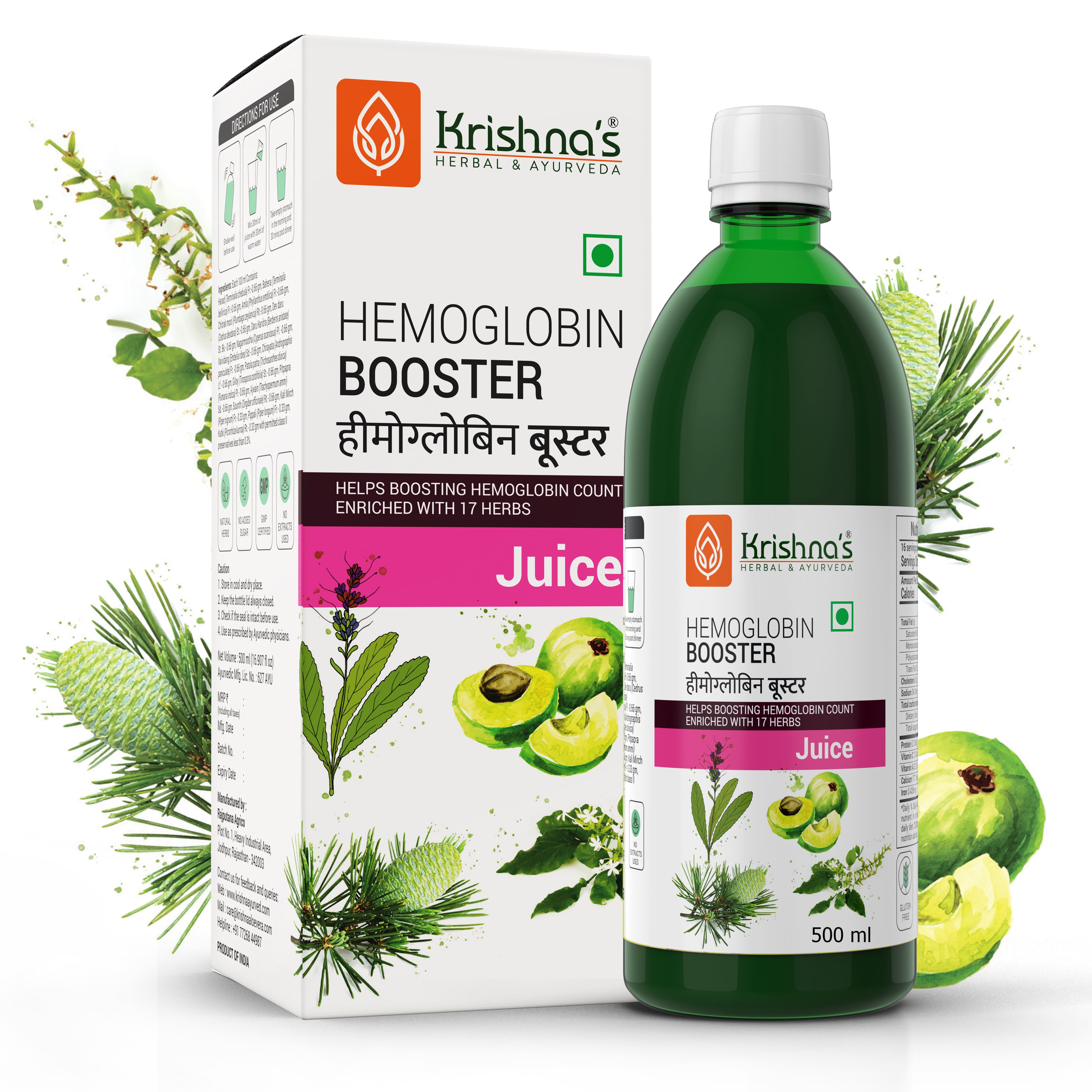 Krishna's Hemoglobin Booster Juice - 500 ml | Helps to improve your Haemoglobin Count | Goodness Dev Daru, Kutki, Amla & 13 other super herbs