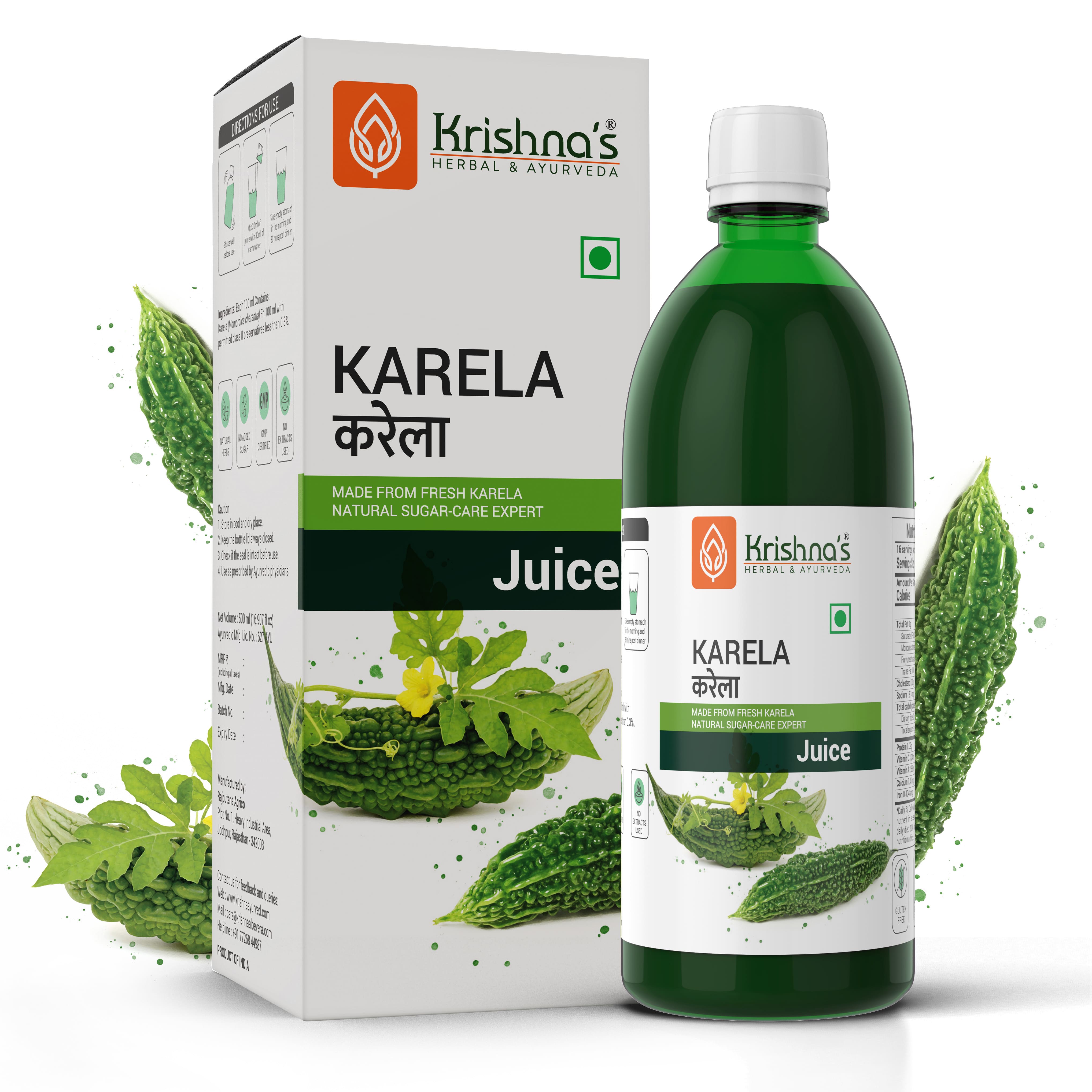 Krishna's Herbal & Ayurveda Karela Juice| Fresh Karela | Ayurevedic Formulation to maintain Sugar Level | Enriched with Vitamin C - Vitamin A| Sugar free Juice with No Added Color or Flavour - 500 ml