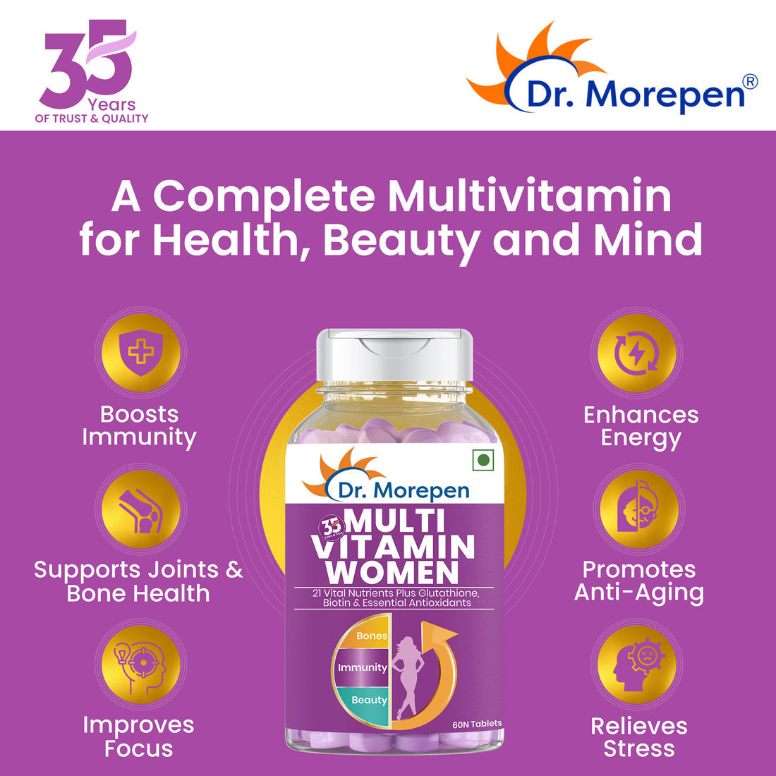 Dr. Morepen Multivitamins For Women With Calcium & Herbal Extracts | Energy & Immunity Booster Supplement - 60 Veg Tablets