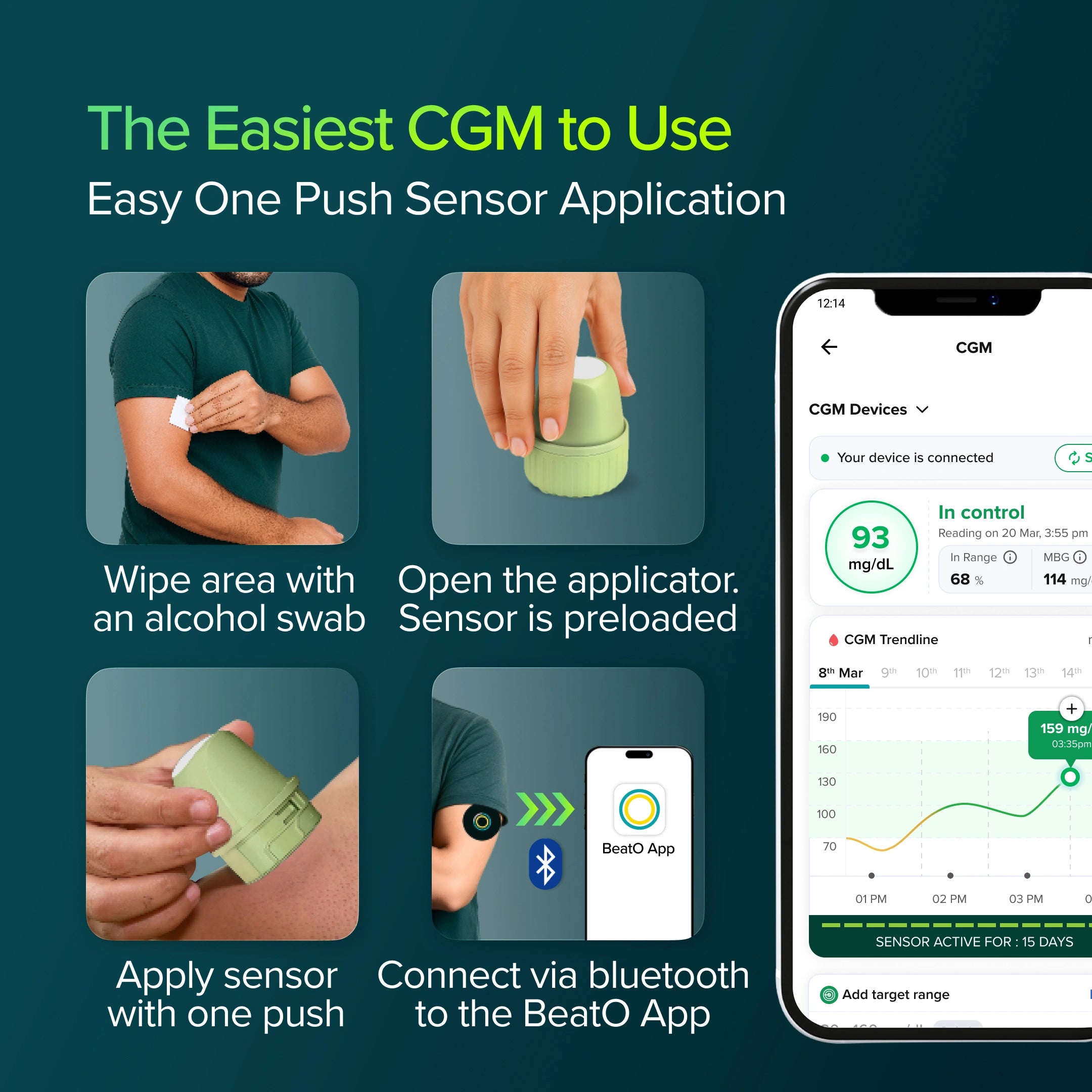 CGM device setup process with smartphone app on a dark green background