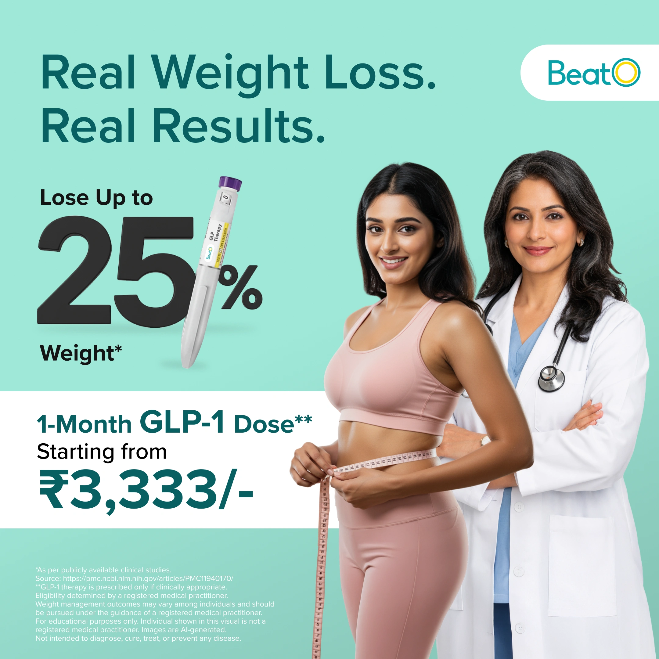 Advertisement for weight loss product with a doctor and patient on a teal background