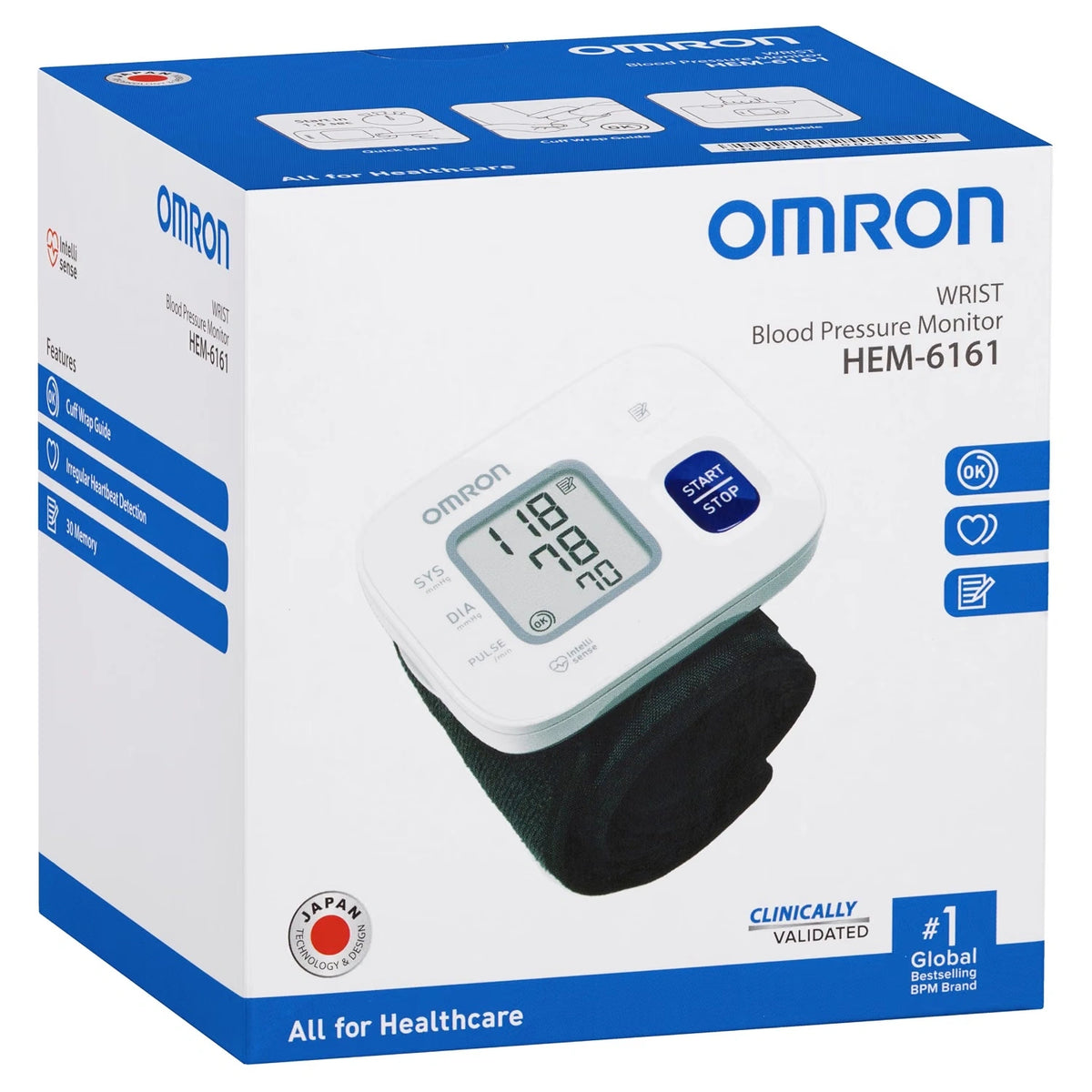 Omron HEM 6161 Fully Automatic Wrist Blood Pressure Monitor with Intellisense Technology, Cuff Wrapping Guide and Irregular Heartbeat Detection for Most Accurate Measurement (White)
