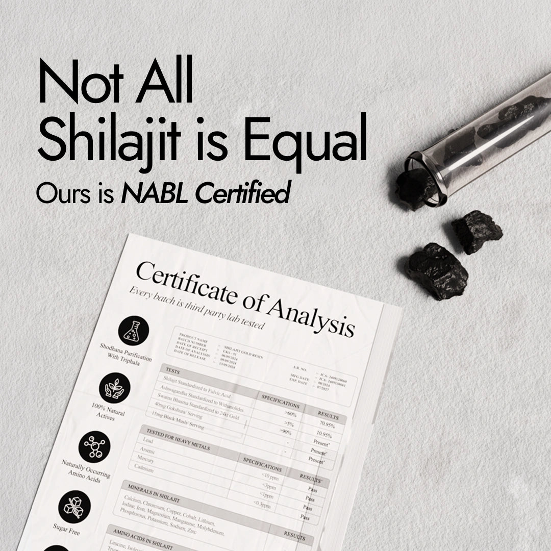 NABL Certified Shilajit with Certificate of Analysis on a light gray background