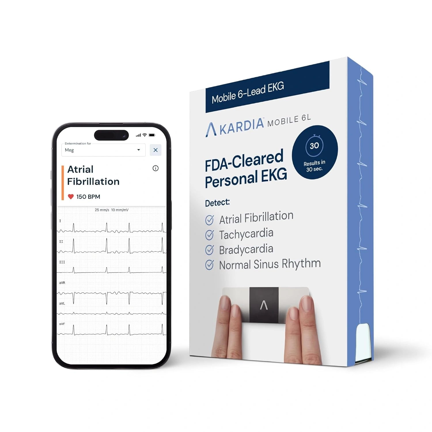 Acardia Mobile 6L EKG device packaging with smartphone displaying EKG results on a white background