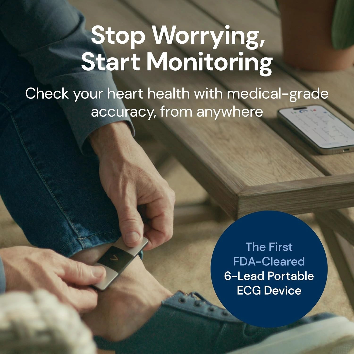Person using a medical-grade ECG device to monitor heart health, with text promoting its features.