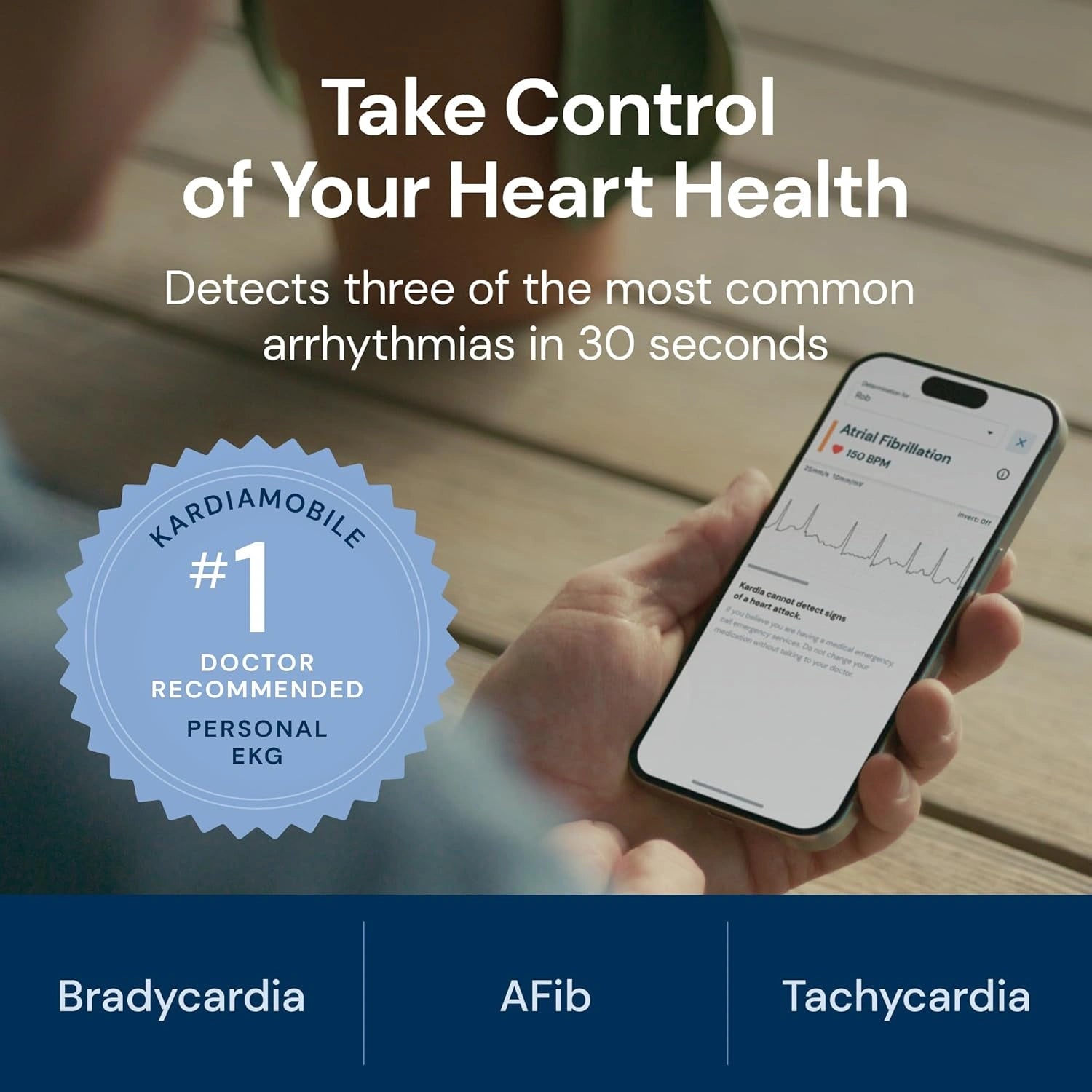 Person holding a smartphone with a heart health app, text 'Take Control of Your Heart Health', and Kardiamobile badge.