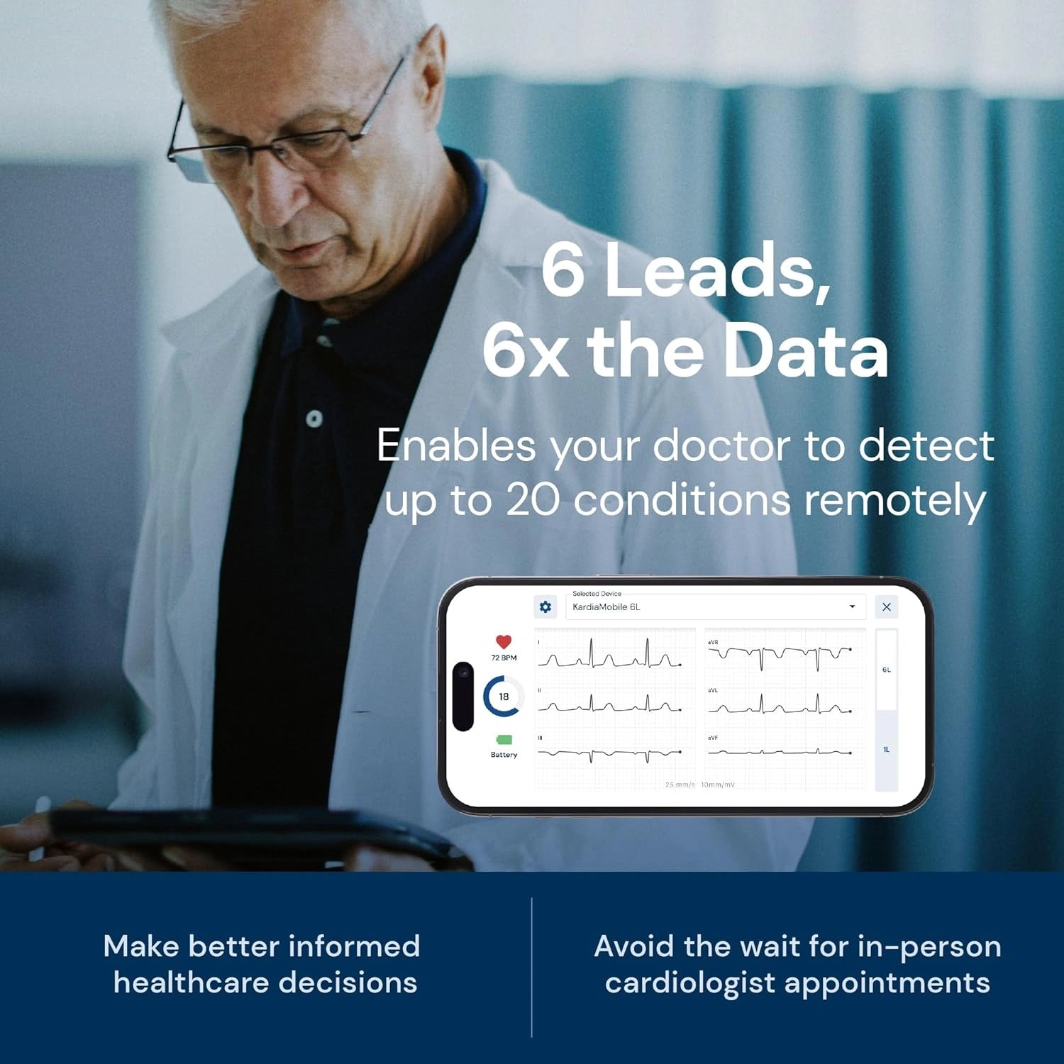 Man in a lab coat using a tablet with medical software, overlaid text about remote medical detection.