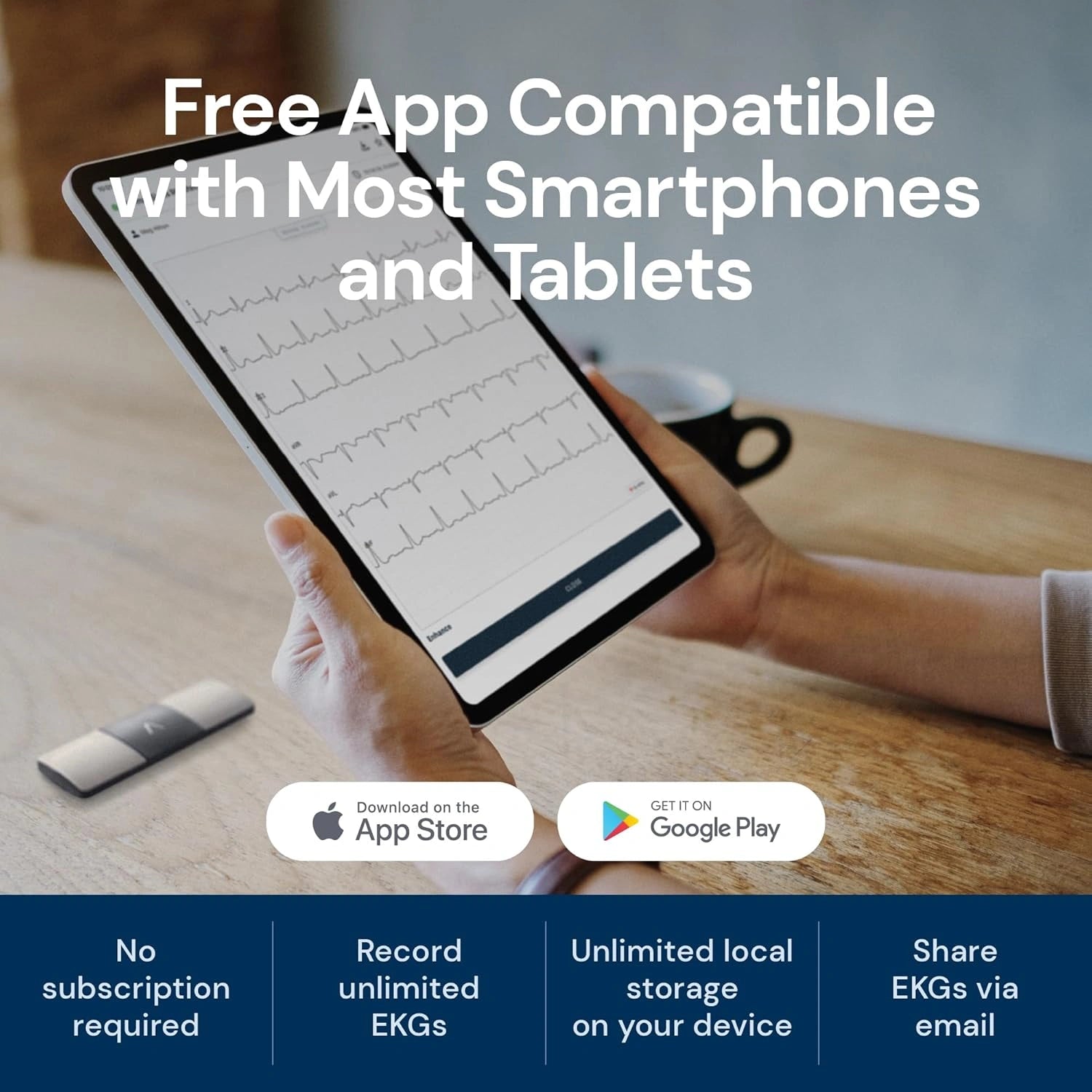 Person holding a tablet with EKG app on a wooden table, with text about free app compatibility.