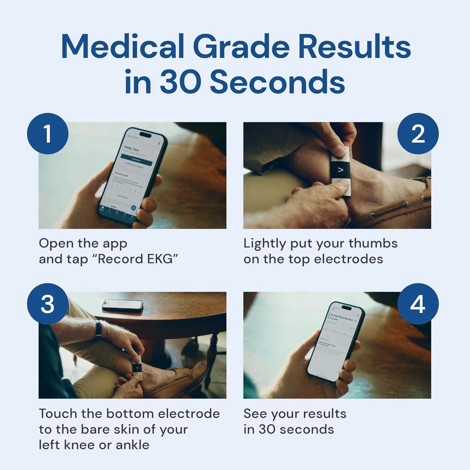 Step-by-step guide for using a medical device with smartphone app on a blue background