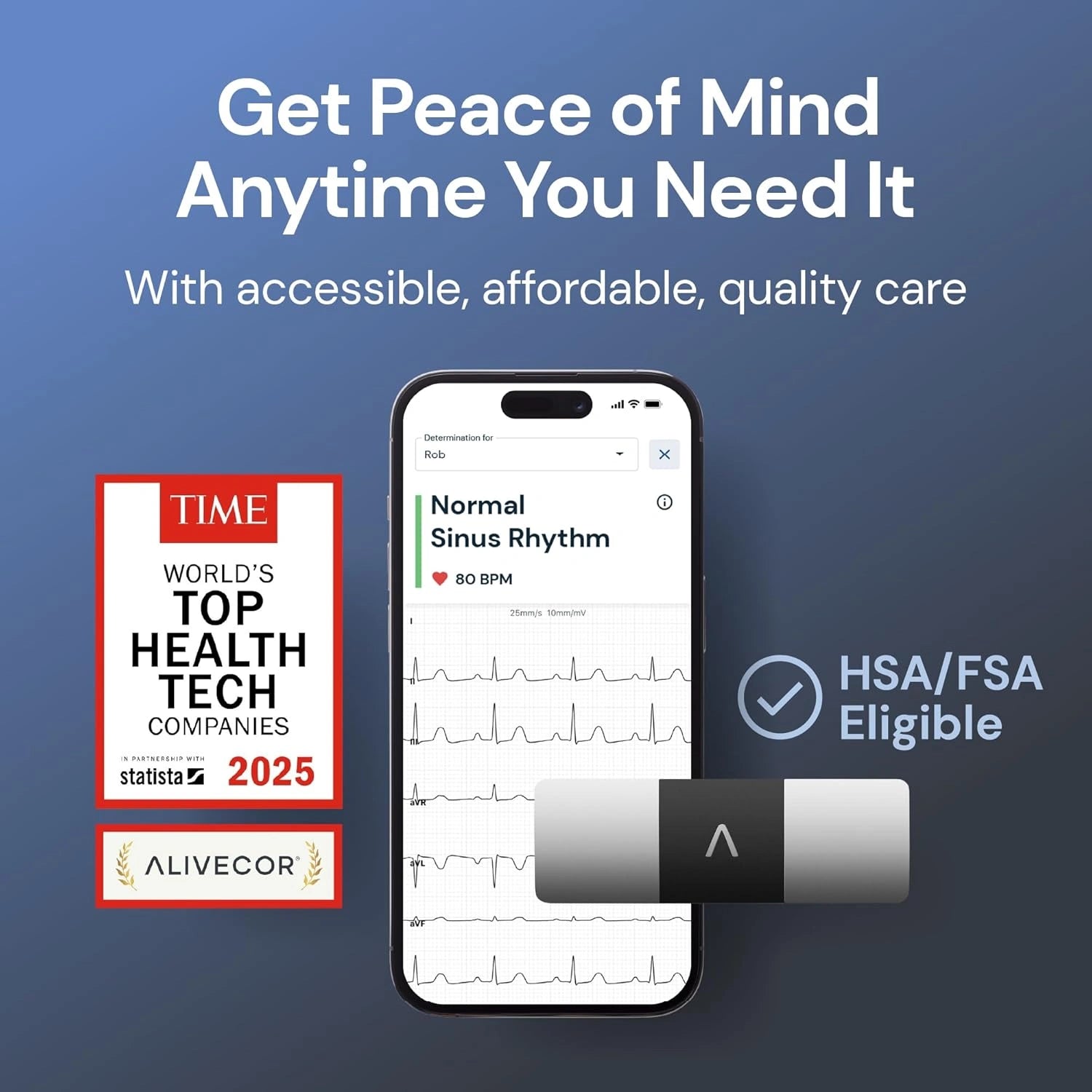 Phone screen displaying ECG app with accolades on a blue background