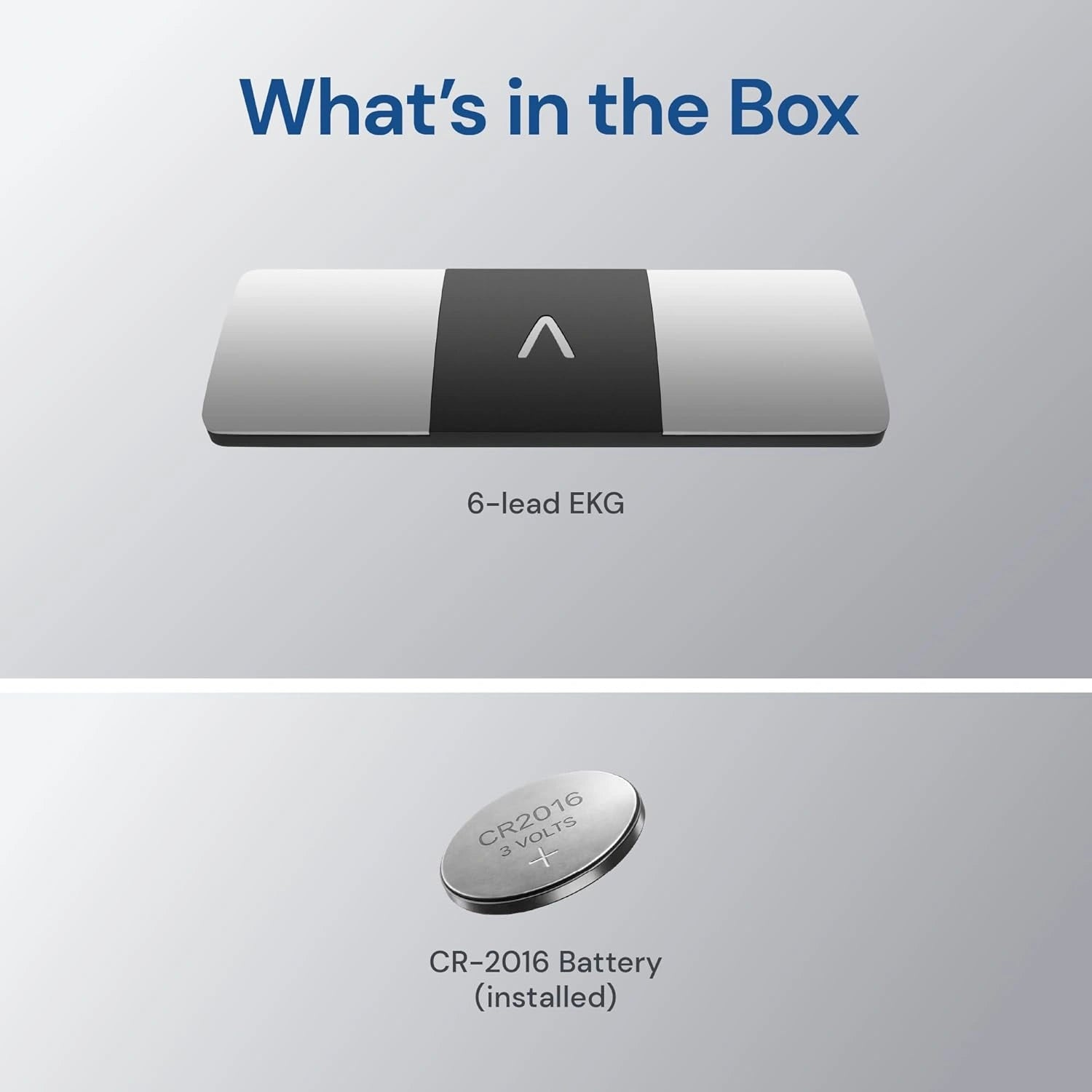 6-lead EKG device and CR-2016 battery on a gray background