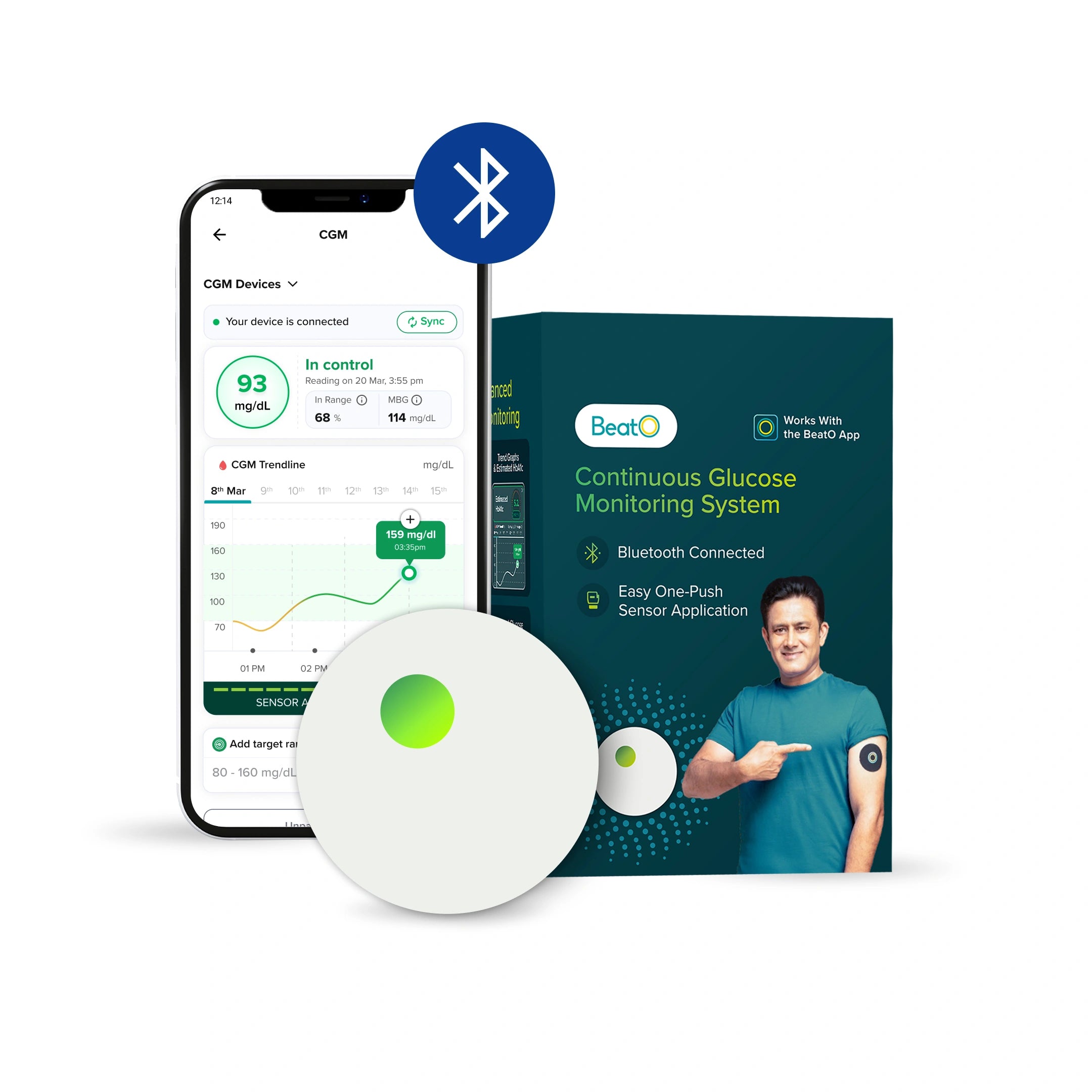 BeatO Continuous Glucose Monitoring System with smartphone app and packaging on a white background