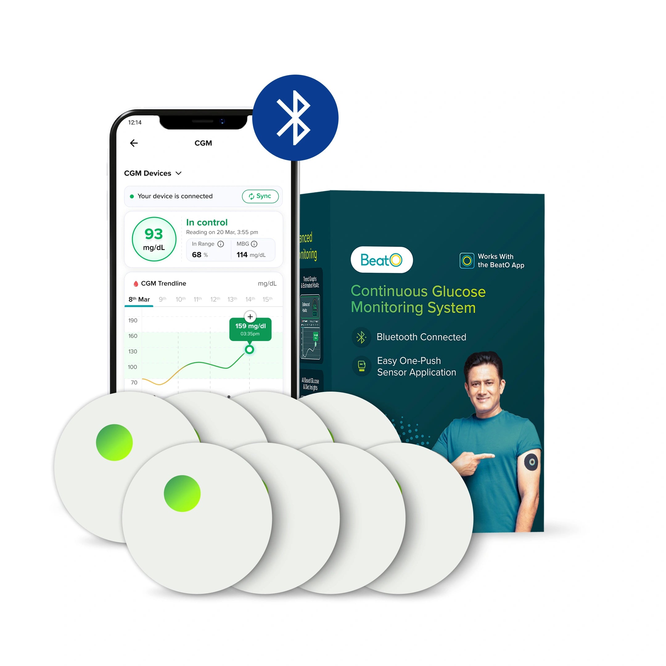 Continuous glucose monitoring system with smartphone app, sensors, and branded box on a white background