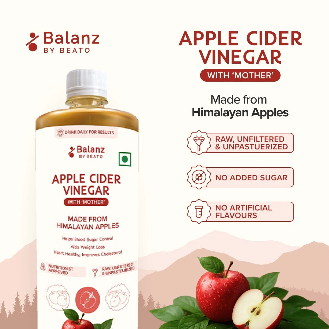 Balanz by Beato Apple Cider Vinegar bottle with Himalayan apples and product features on a white background