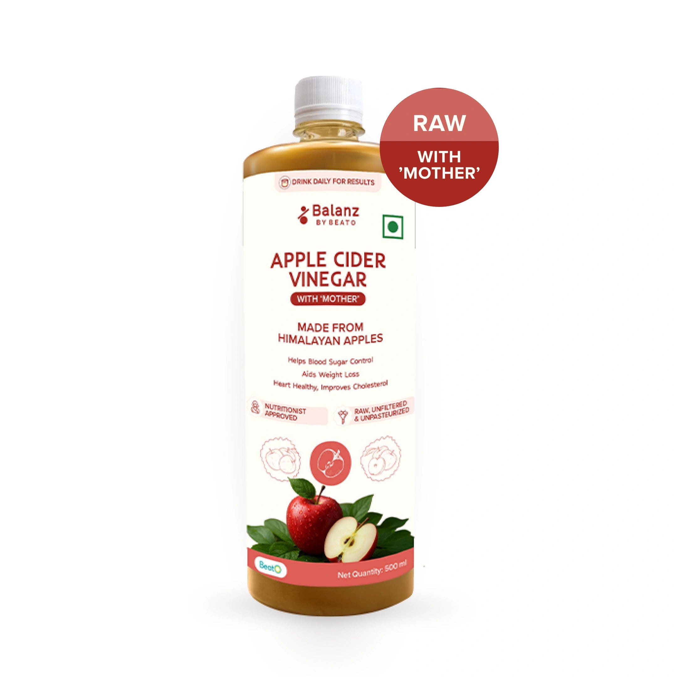 Balanz Apple Cider Vinegar bottle with label on a white background