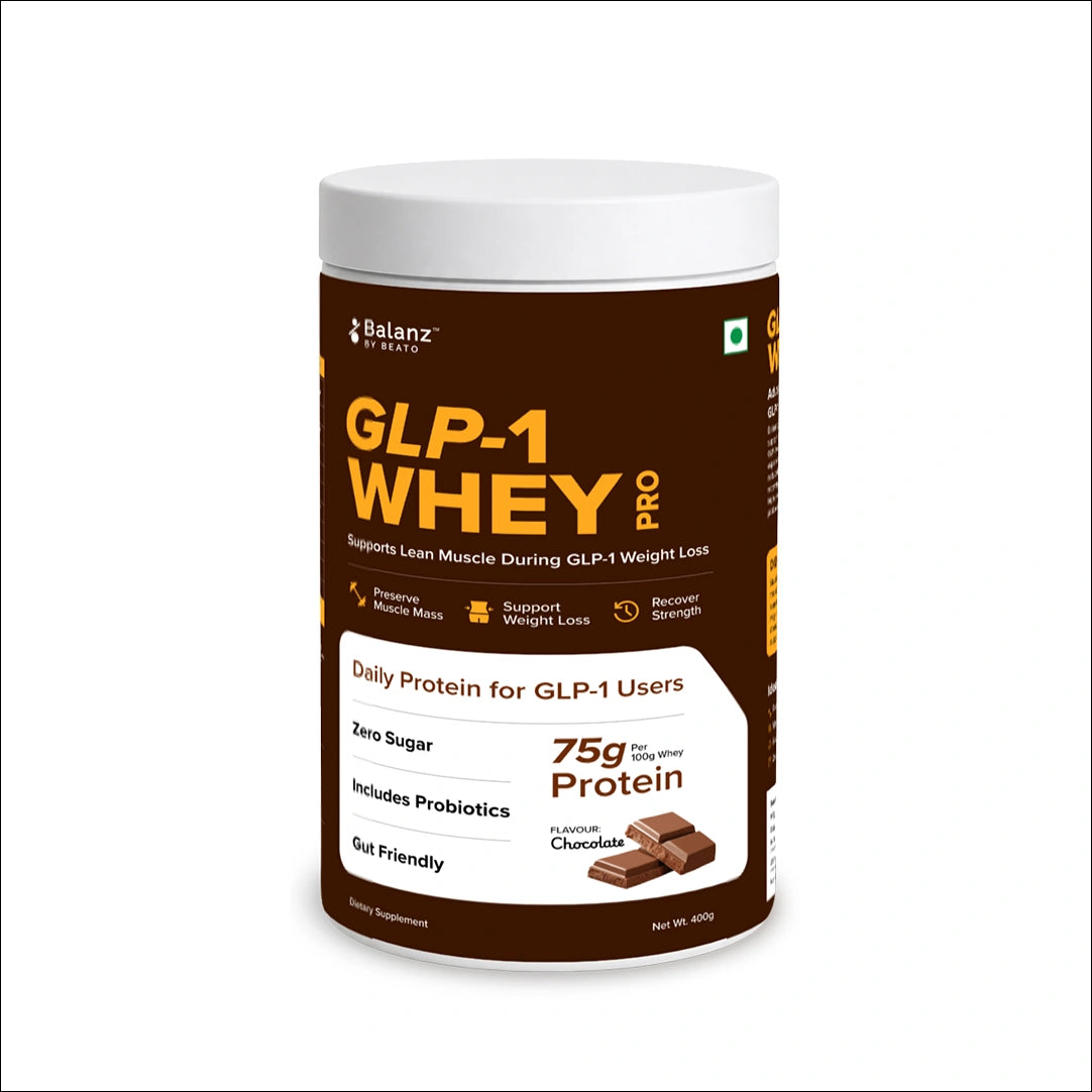 Balanz GLP-1 Whey Pro protein powder container on a white background