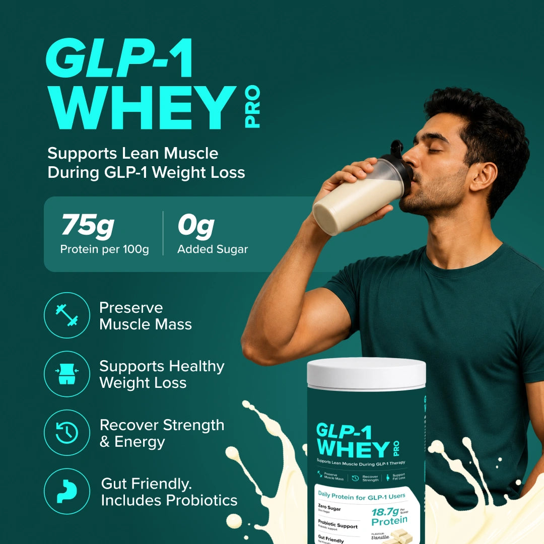 Man drinking a GLP-1 Whey Pro supplement with product packaging and promotional text on a green background