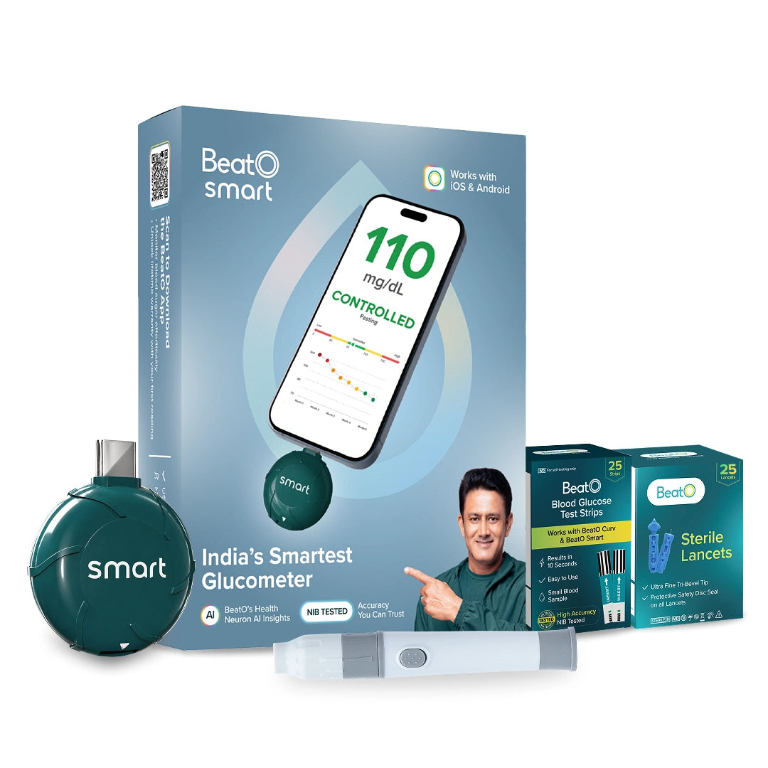 Beat smart glucometer packaging with a smartphone app display and additional components on a white background