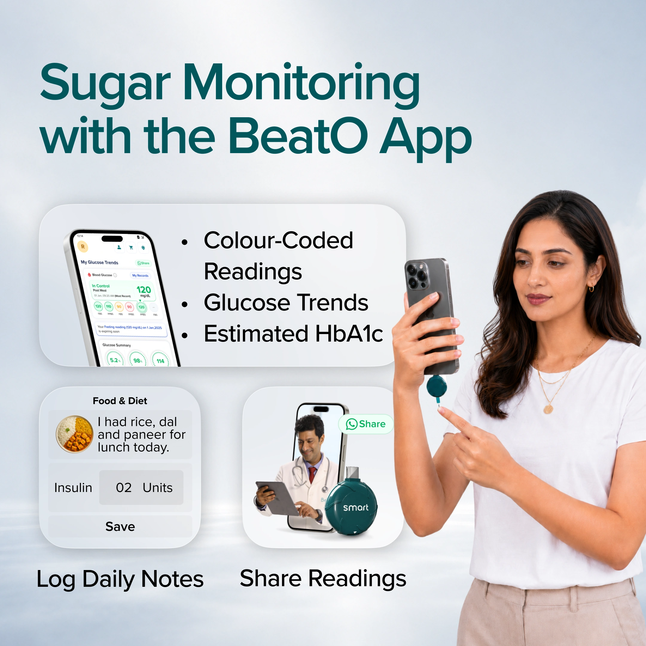 Woman using a smartphone with the BeatO app for sugar monitoring, featuring color-coded readings and glucose trends.