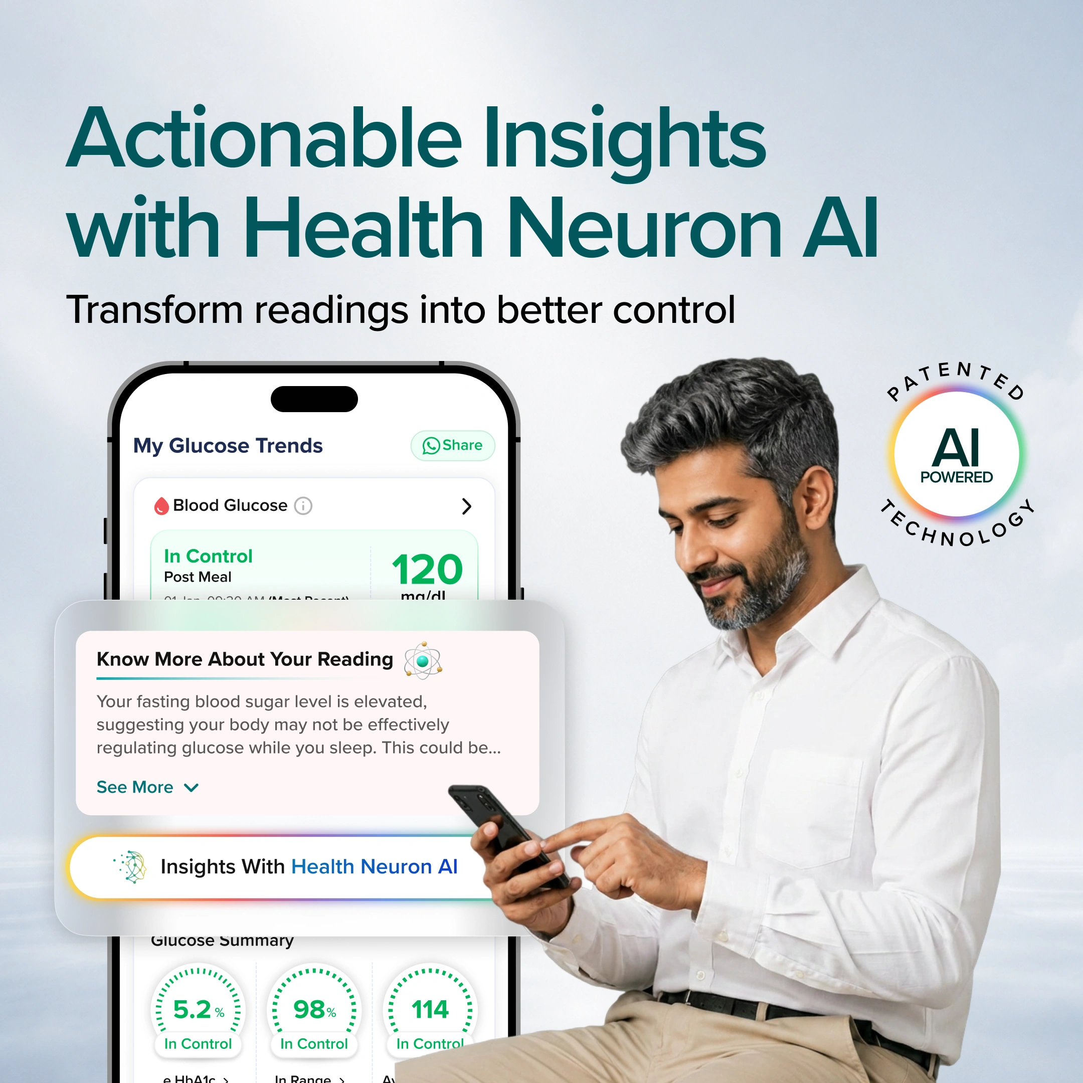 Person using a smartphone with Health Neuron AI app on a light blue background