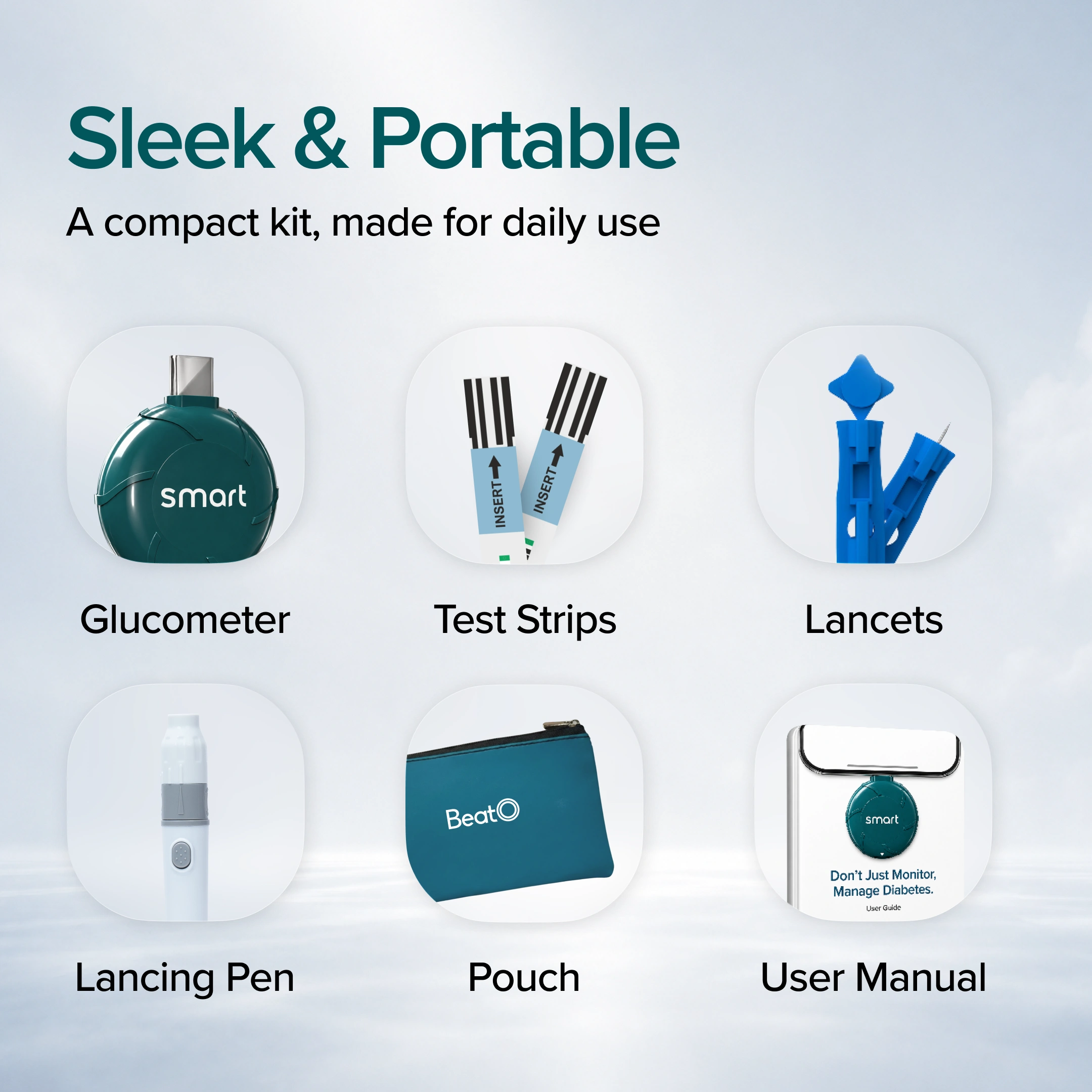 Diabetes management kit with glucometer, test strips, lancets, lancing pen, pouch, and user manual on a light gray background.