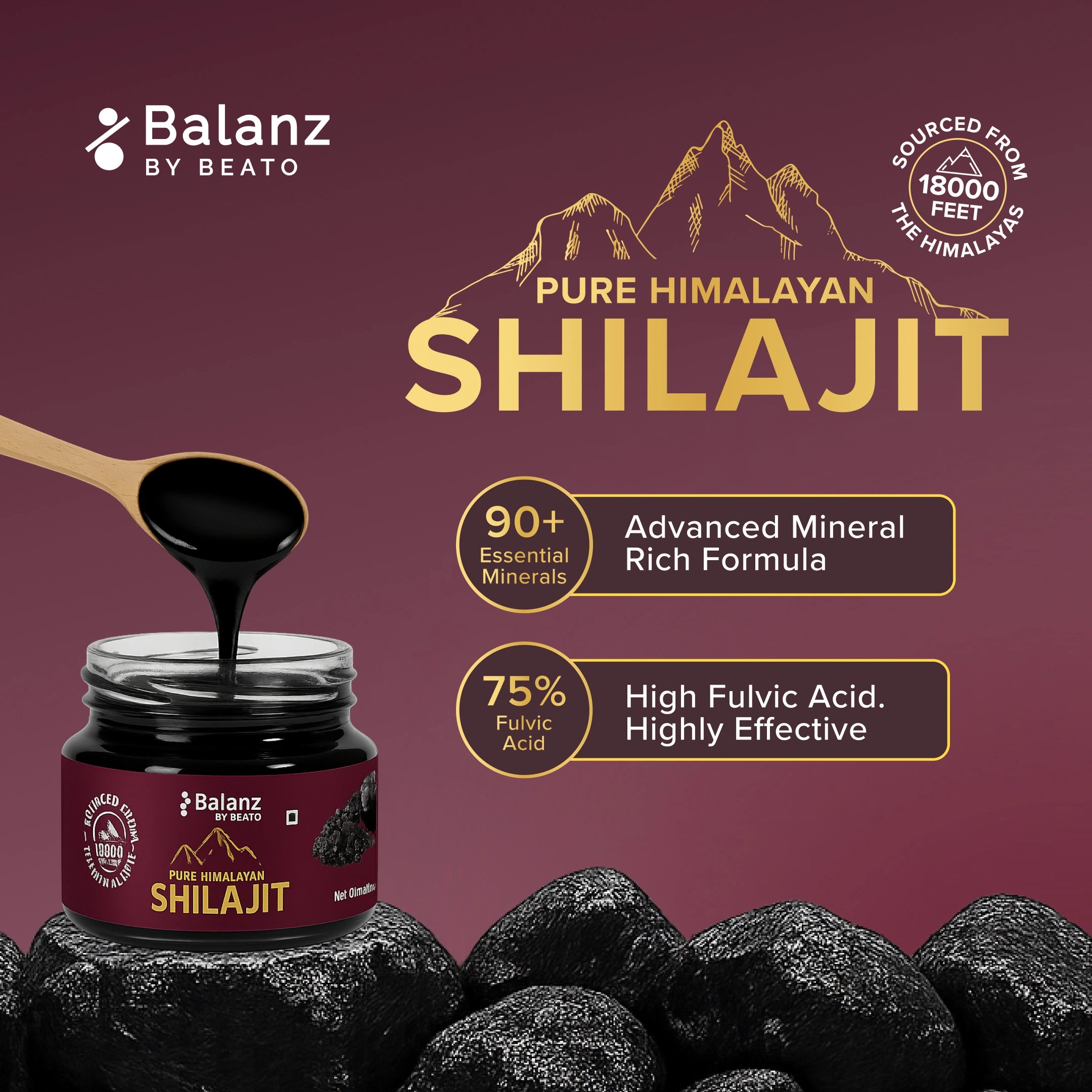Balanz by Beato Pure Himalayan Shilajit product with mountain graphic and text on a purple background