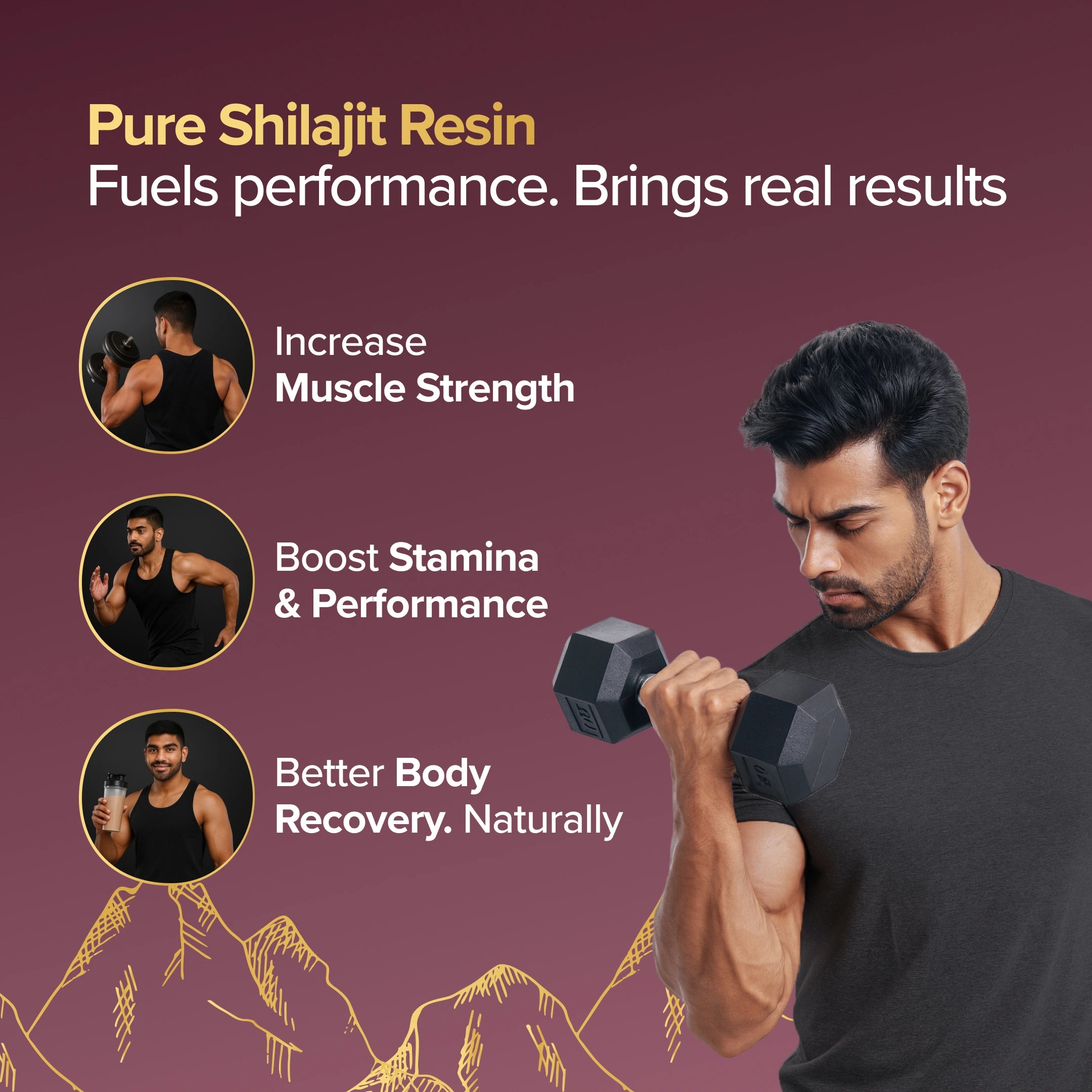 Man lifting weights with promotional text about Pure Shilajit Resin on a purple background